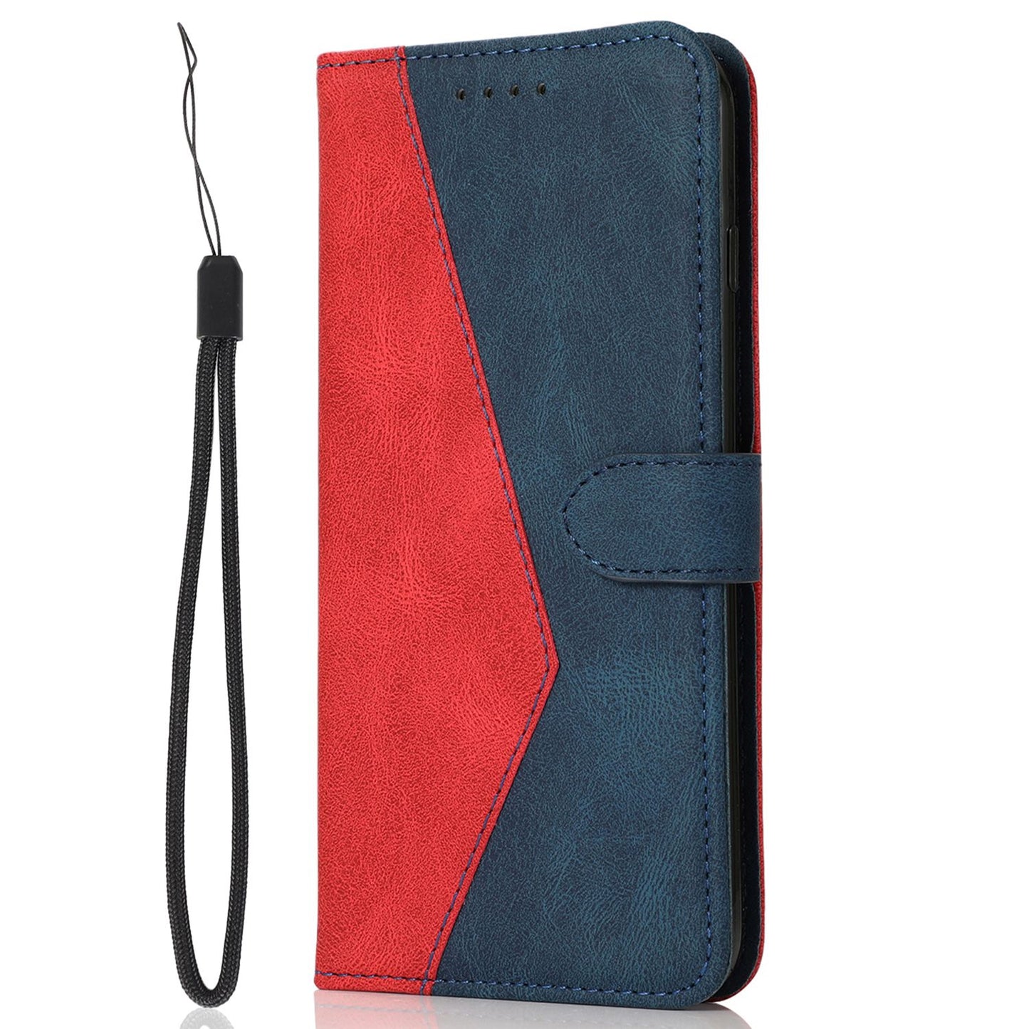 For Xiaomi Poco M4 Pro 4G Color Splicing Phone Full-protection Cover Flip Stand Wallet PU Leather Case with Wrist Strap