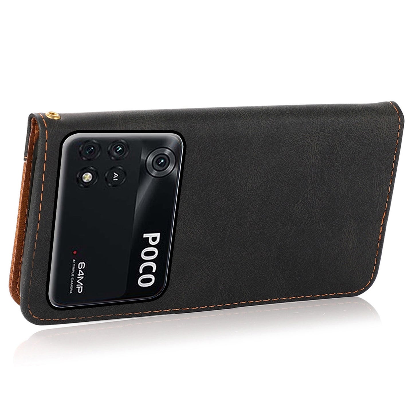 For Xiaomi Poco M4 Pro 4G Color Splicing Phone Full-protection Cover Flip Stand Wallet PU Leather Case with Wrist Strap