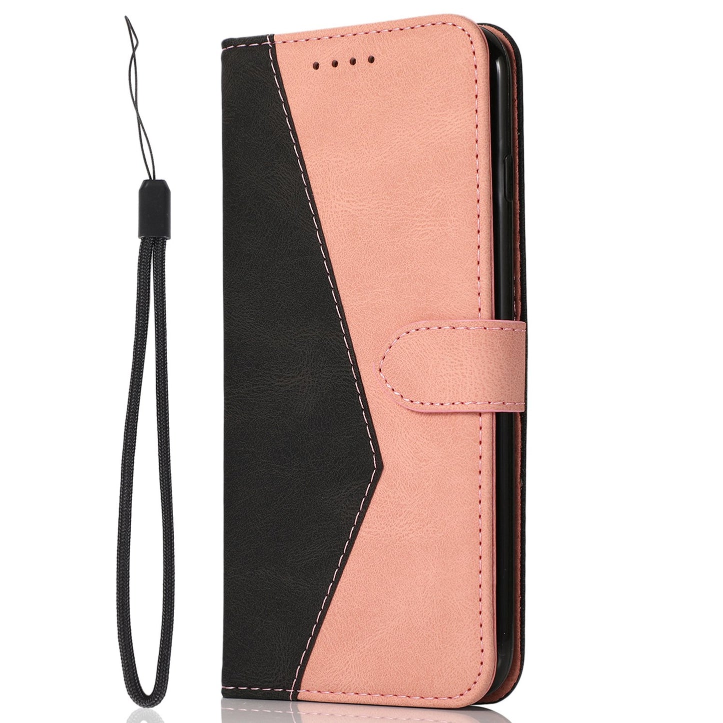 For Xiaomi Poco M4 Pro 4G Color Splicing Phone Full-protection Cover Flip Stand Wallet PU Leather Case with Wrist Strap