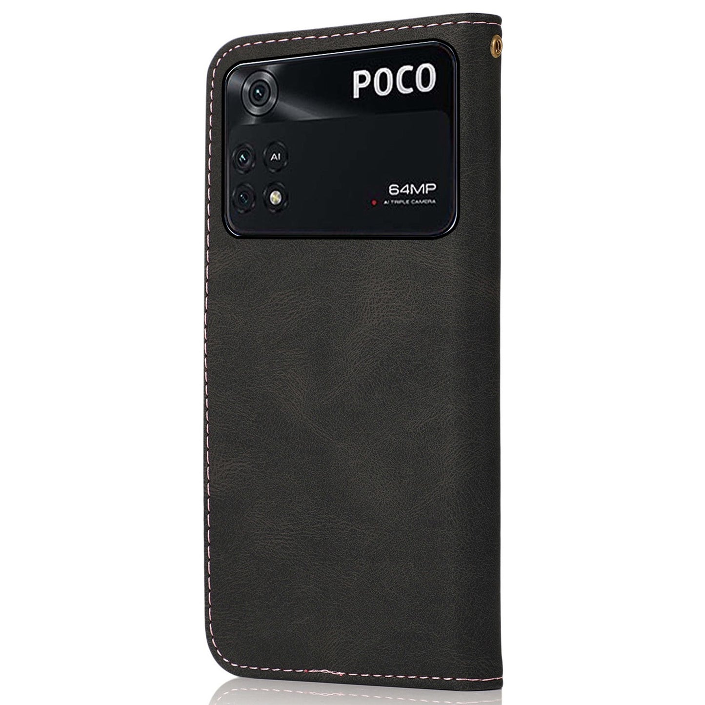 For Xiaomi Poco M4 Pro 4G Color Splicing Phone Full-protection Cover Flip Stand Wallet PU Leather Case with Wrist Strap
