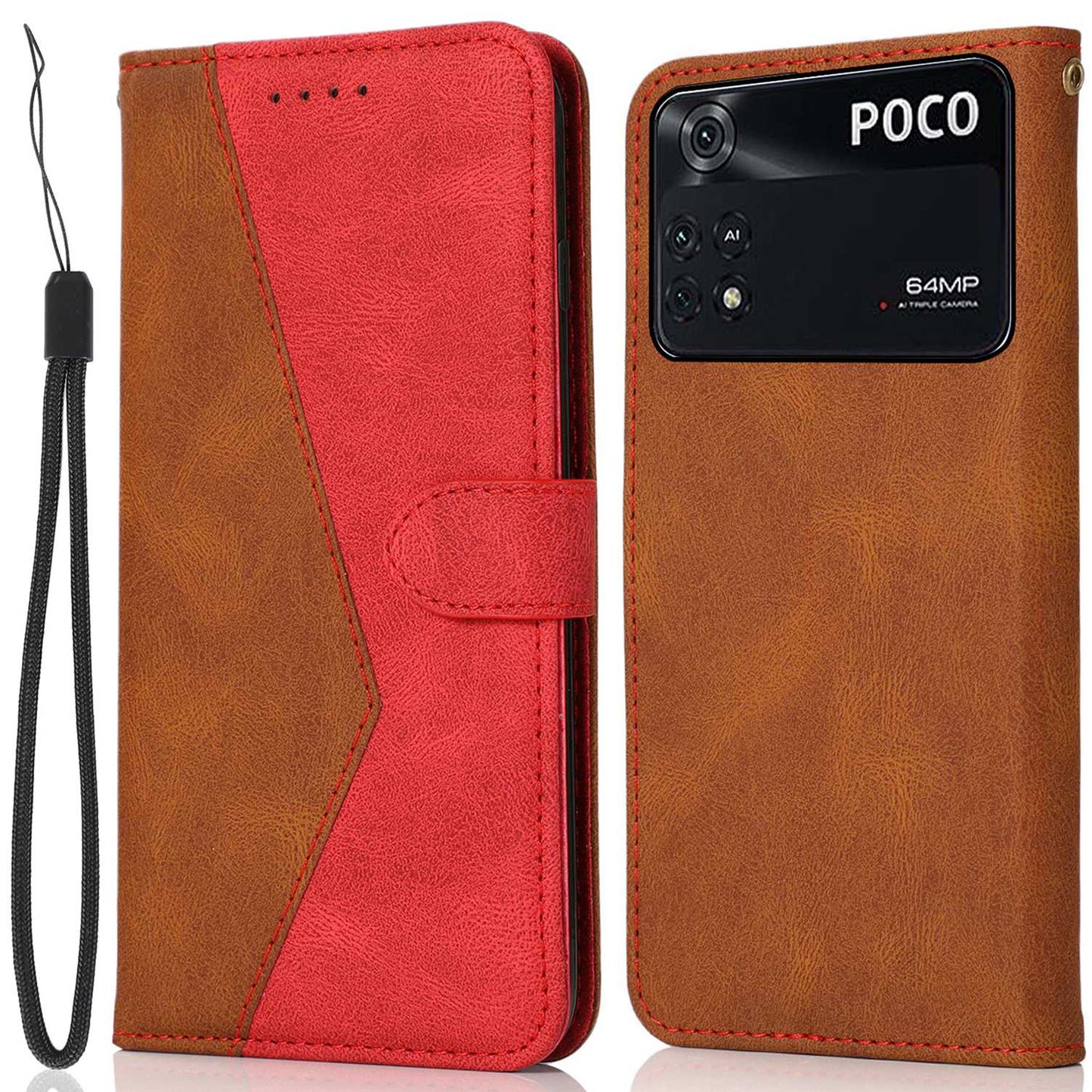 For Xiaomi Poco M4 Pro 4G Color Splicing Phone Full-protection Cover Flip Stand Wallet PU Leather Case with Wrist Strap