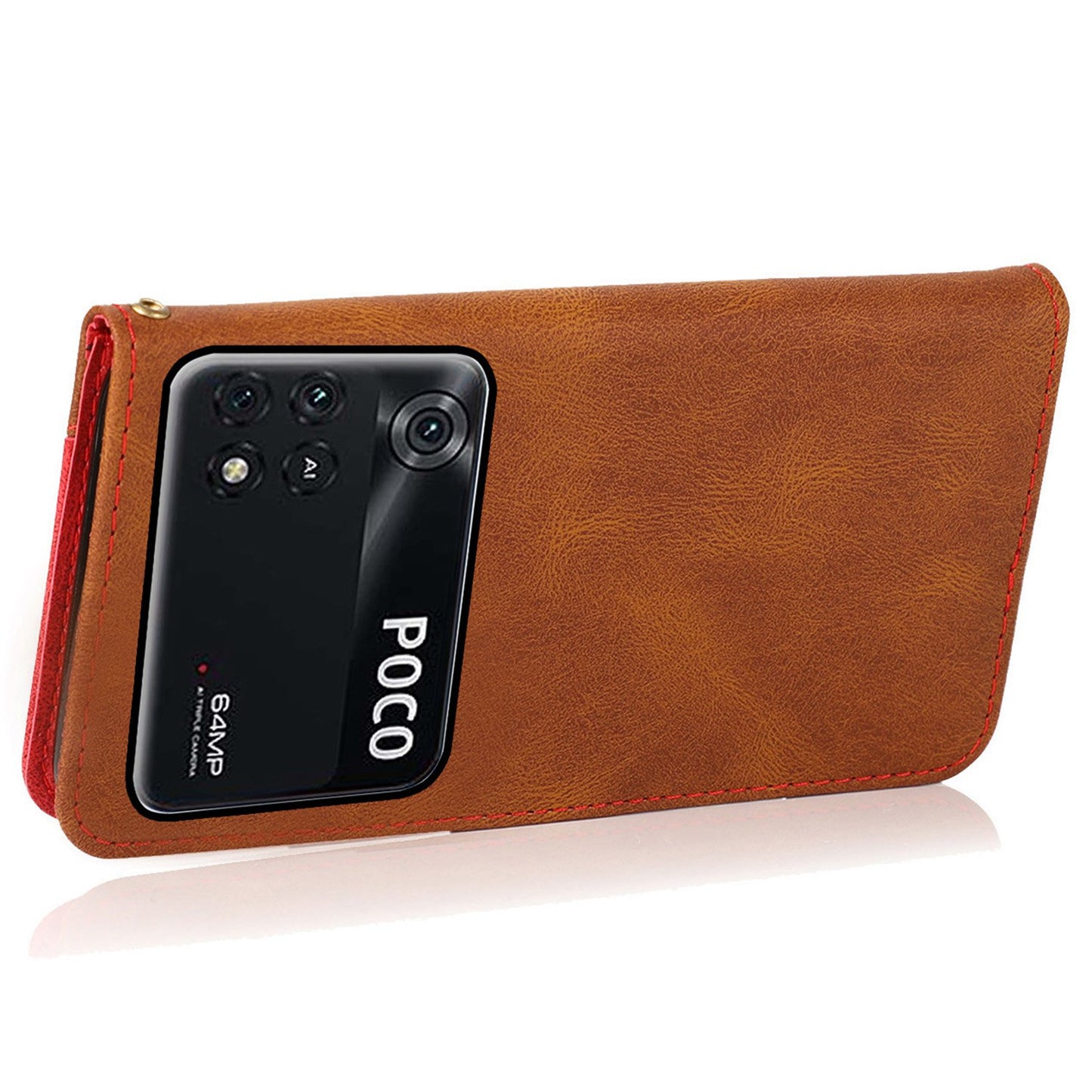 For Xiaomi Poco M4 Pro 4G Color Splicing Phone Full-protection Cover Flip Stand Wallet PU Leather Case with Wrist Strap