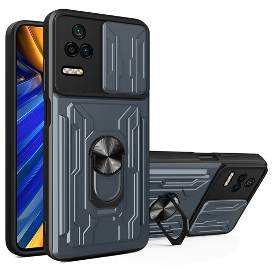 For Xiaomi Redmi K40S 5G / Poco F4 5G Card Holder Ring Kickstand Phone Case Slide Camera Cover PC + TPU Hybrid Shell
