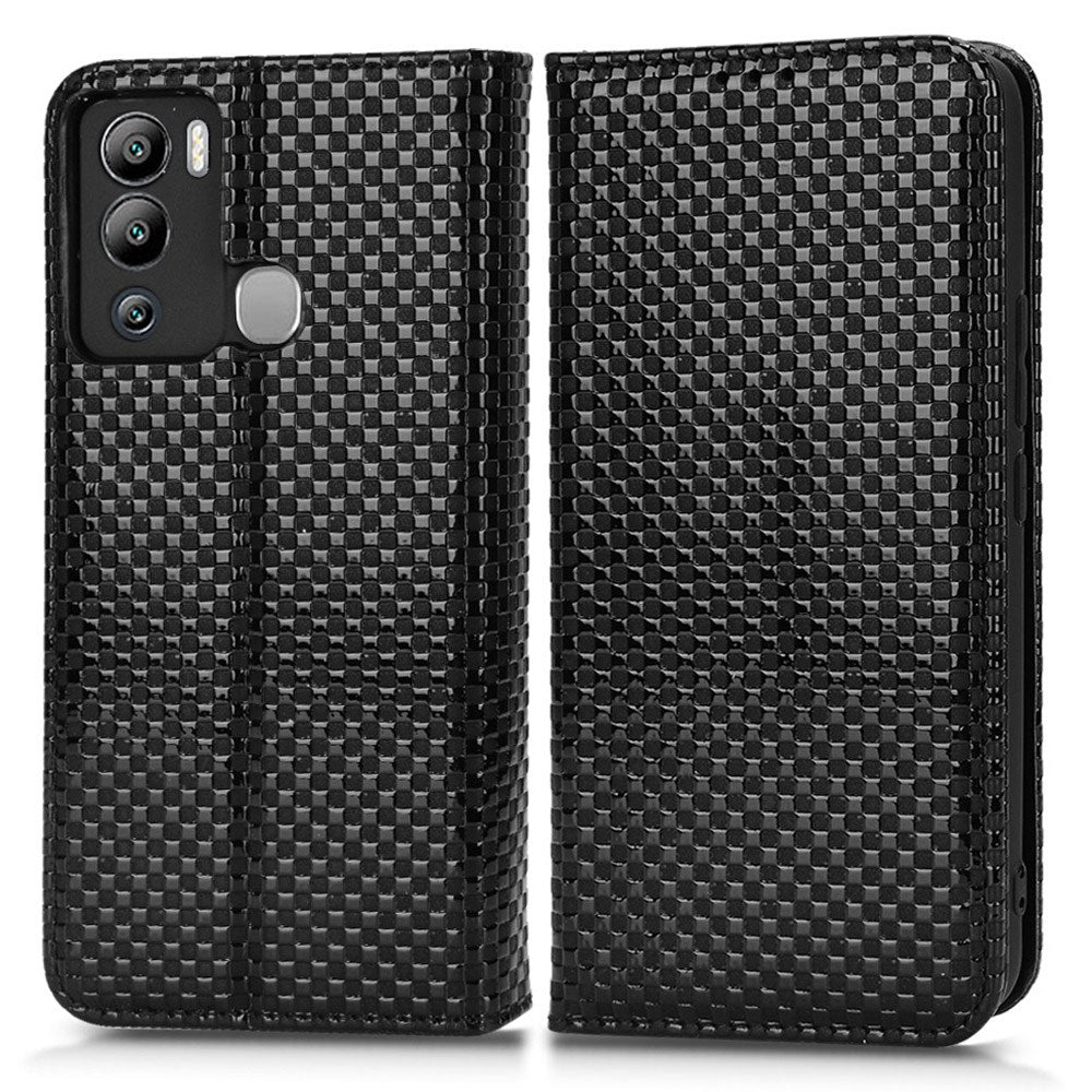 For Infinix Hot 12i 4G Grid Texture PU Leather+Inner TPU Stand Case Magnetic Auto-absorbed Cell Phone Wallet Cover