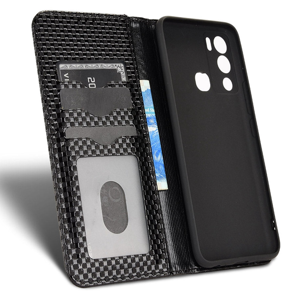 For Infinix Hot 12i 4G Grid Texture PU Leather+Inner TPU Stand Case Magnetic Auto-absorbed Cell Phone Wallet Cover