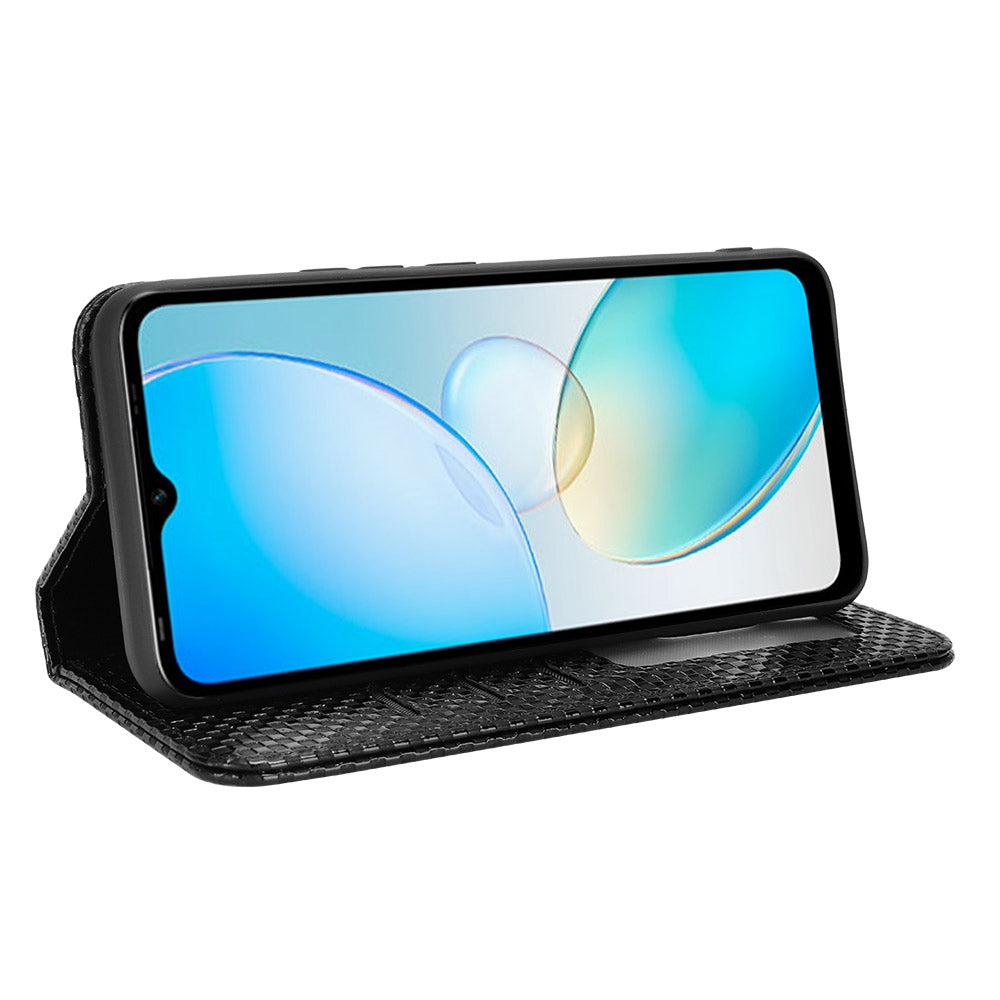For Infinix Hot 12i 4G Grid Texture PU Leather+Inner TPU Stand Case Magnetic Auto-absorbed Cell Phone Wallet Cover