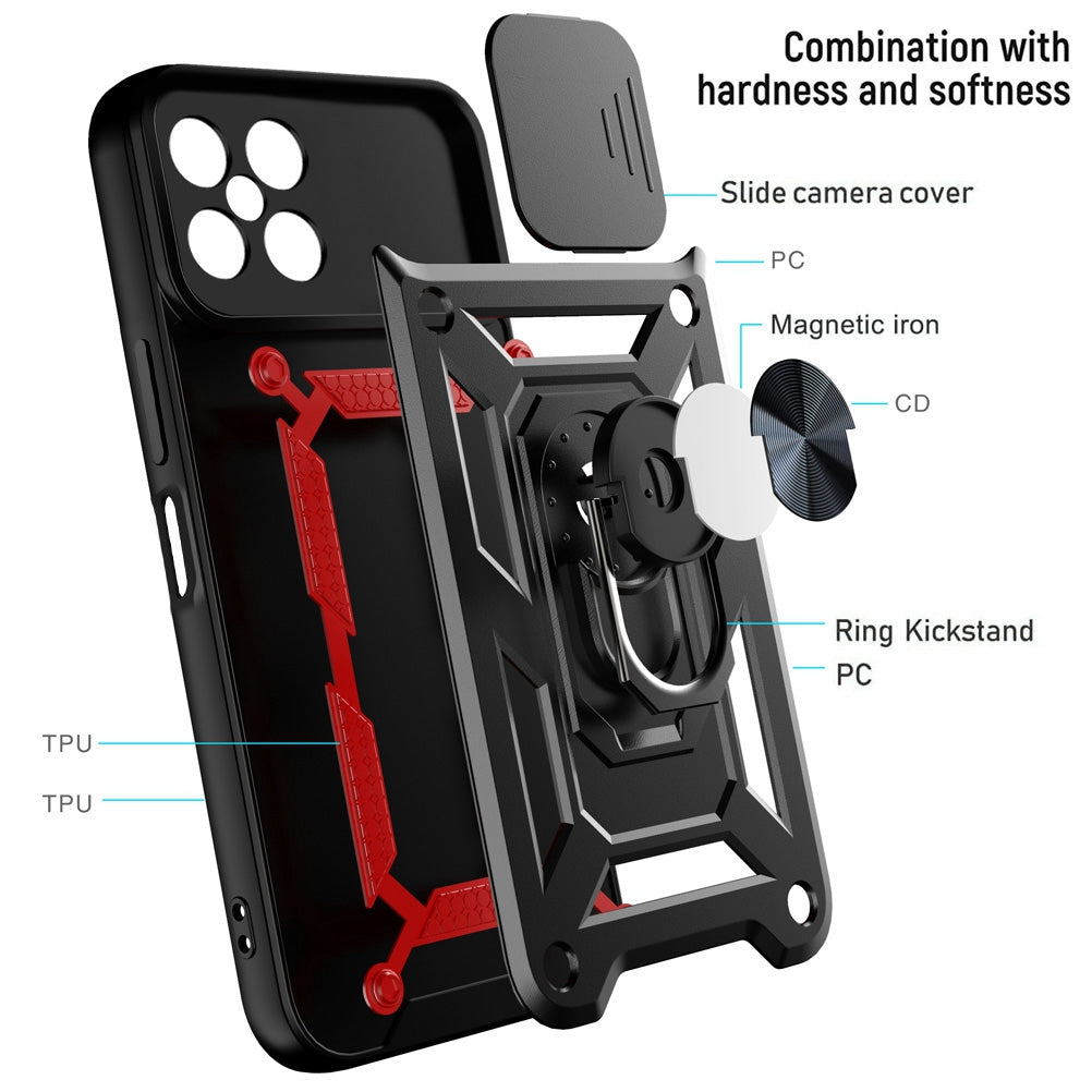 For Honor X8 Bump Proof Cell Phone Shell Kickstand PC + TPU Hybrid Cover Slide Camera Protection Phone Case