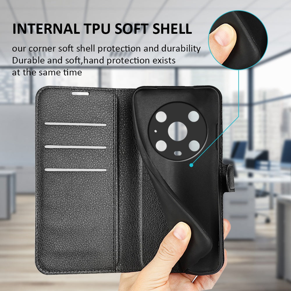 For Honor Magic4 Pro 5G Shockproof Litchi Texture Folio Flip Phone Case Anti-scratch PU Leather Wallet Stand Cover