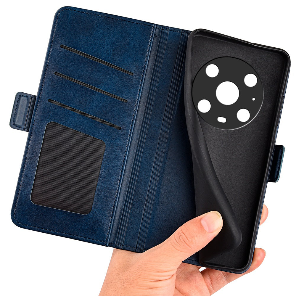 For Honor Magic4 Pro 5G Double Magnetic Clasp Folio Flip Phone Case Textured PU Leather Stand Wallet Cover