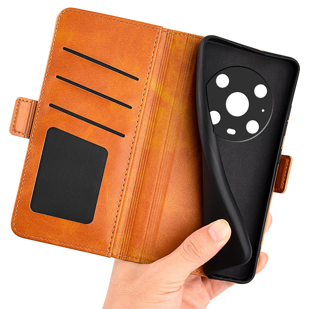 For Honor Magic4 Pro 5G Double Magnetic Clasp Folio Flip Phone Case Textured PU Leather Stand Wallet Cover