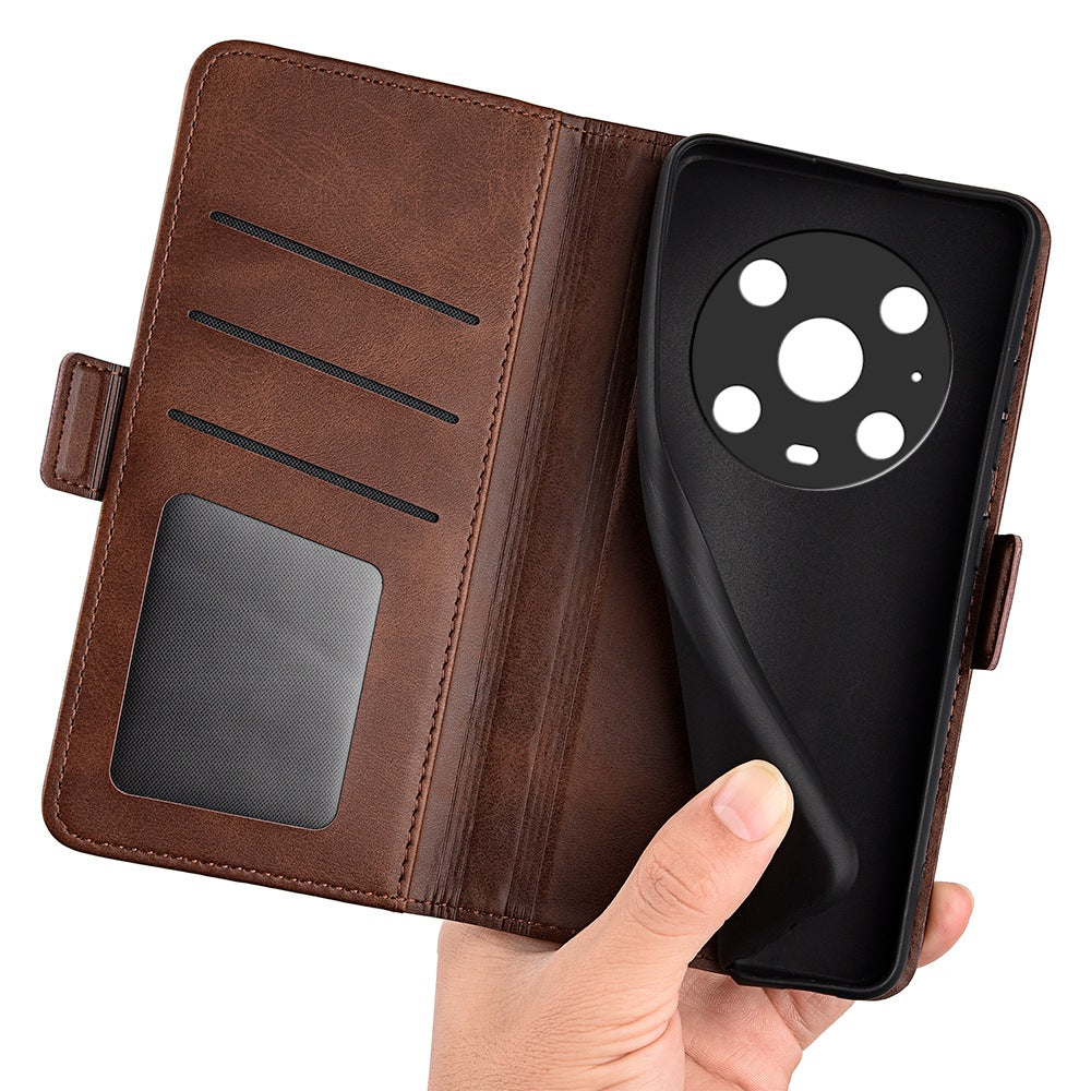 For Honor Magic4 Pro 5G Double Magnetic Clasp Folio Flip Phone Case Textured PU Leather Stand Wallet Cover