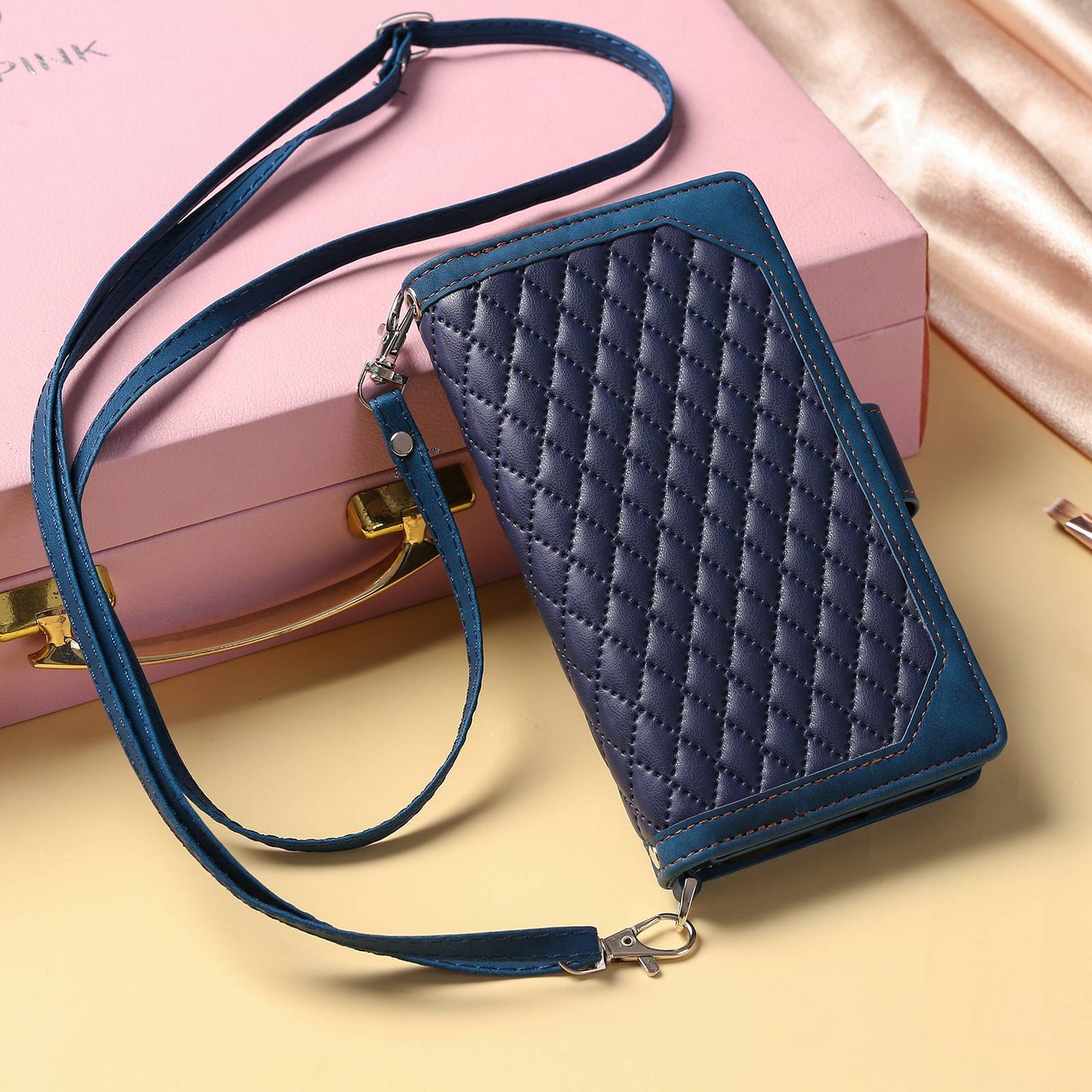005 Style For Samsung Galaxy A52 4G / 5G / A52s 5G, Rhombus Texture PU Leather Stand Phone Case Zipper Pocket Wallet Style Shell with Strap