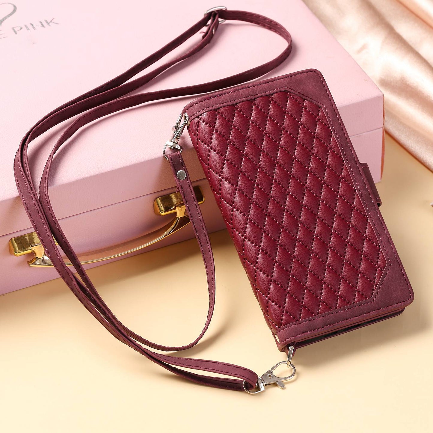005 Style For Samsung Galaxy A52 4G / 5G / A52s 5G, Rhombus Texture PU Leather Stand Phone Case Zipper Pocket Wallet Style Shell with Strap