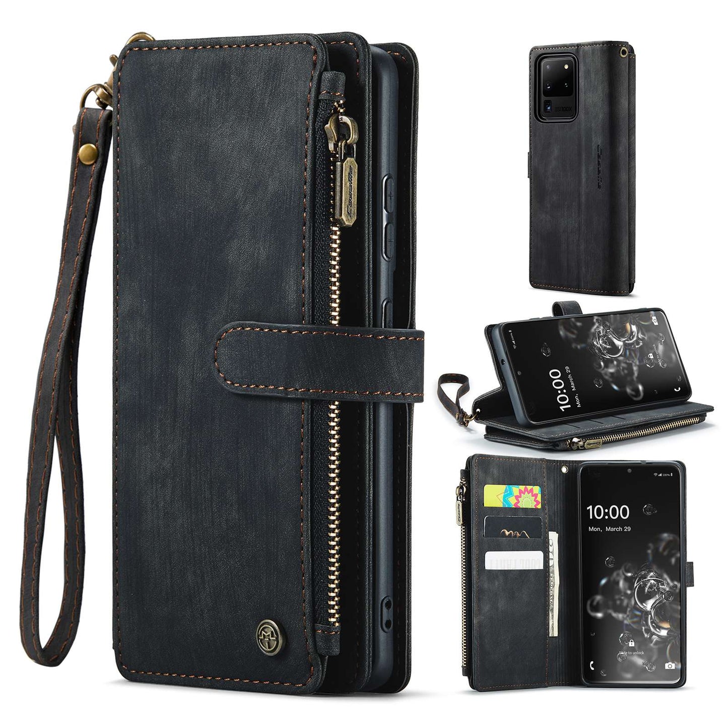 CASEME C30 Series Phone Wallet Case for Samsung Galaxy S20 Ultra 4G / 5G, Shockproof PU Leathe Zipper Pocket Mobile Phone Shell with Strap Card Holder