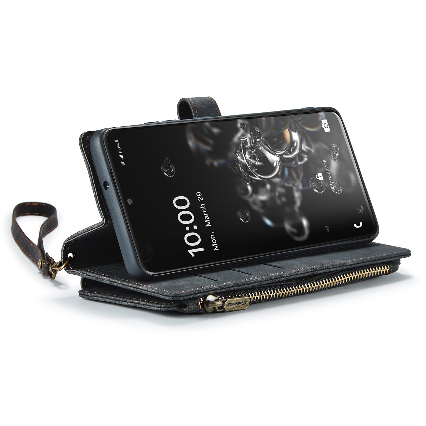 CASEME C30 Series Phone Wallet Case for Samsung Galaxy S20 Ultra 4G / 5G, Shockproof PU Leathe Zipper Pocket Mobile Phone Shell with Strap Card Holder