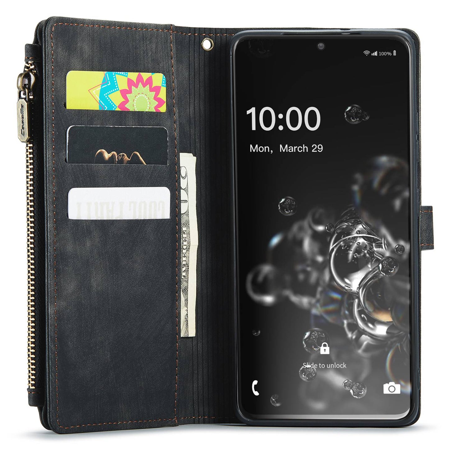 CASEME C30 Series Phone Wallet Case for Samsung Galaxy S20 Ultra 4G / 5G, Shockproof PU Leathe Zipper Pocket Mobile Phone Shell with Strap Card Holder