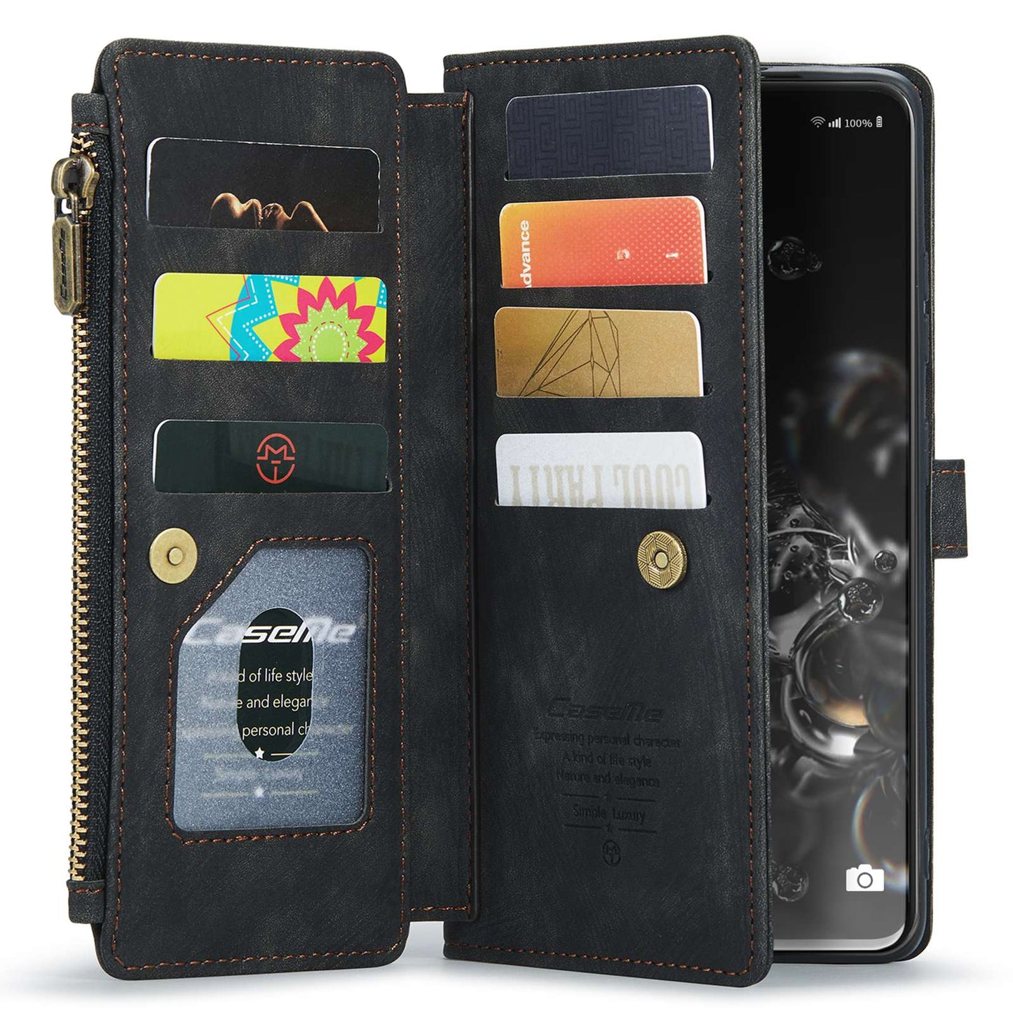 CASEME C30 Series Phone Wallet Case for Samsung Galaxy S20 Ultra 4G / 5G, Shockproof PU Leathe Zipper Pocket Mobile Phone Shell with Strap Card Holder