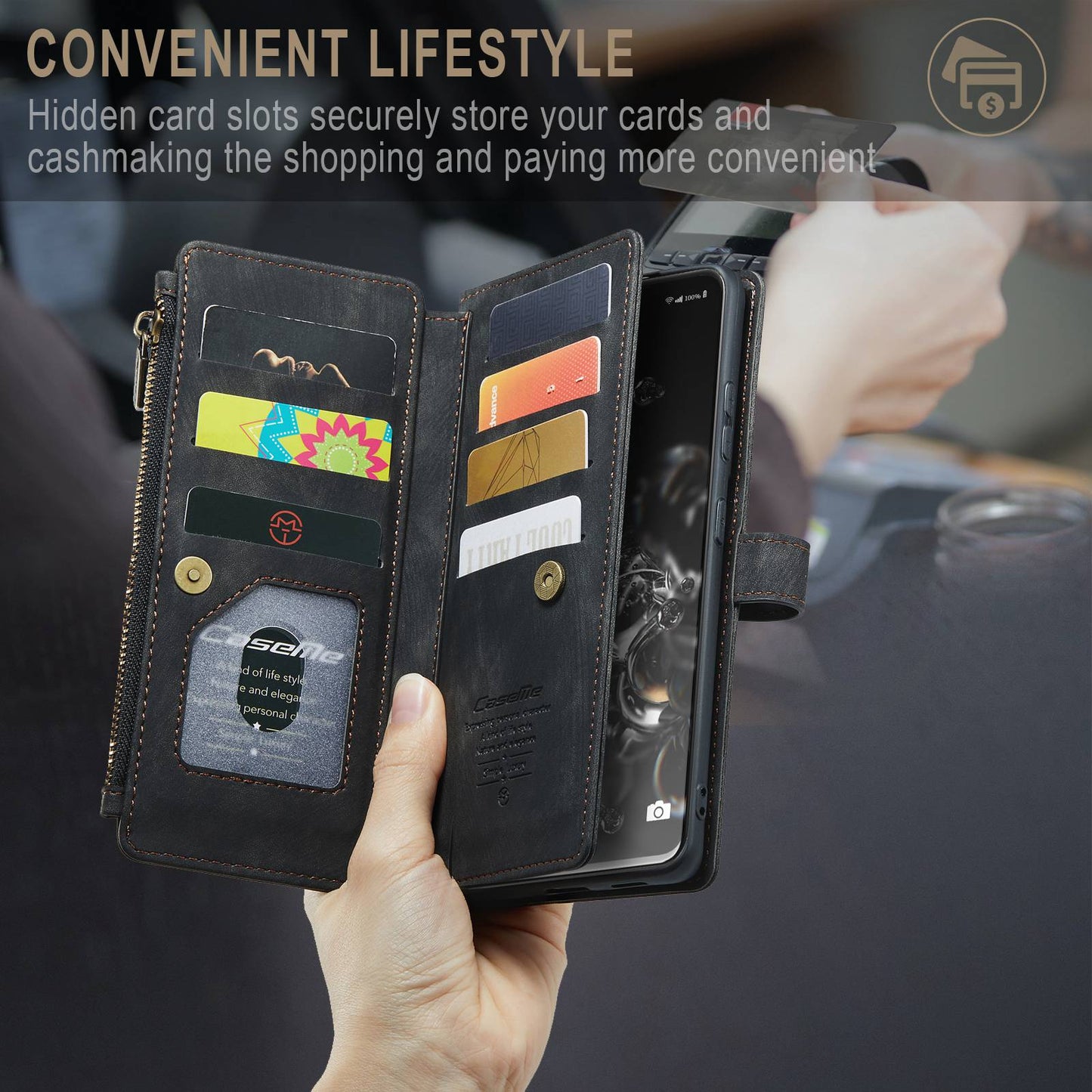 CASEME C30 Series Phone Wallet Case for Samsung Galaxy S20 Ultra 4G / 5G, Shockproof PU Leathe Zipper Pocket Mobile Phone Shell with Strap Card Holder
