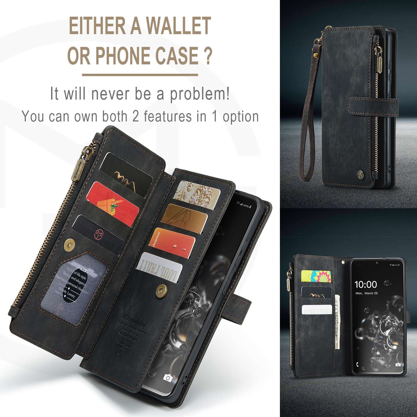 CASEME C30 Series Phone Wallet Case for Samsung Galaxy S20 Ultra 4G / 5G, Shockproof PU Leathe Zipper Pocket Mobile Phone Shell with Strap Card Holder