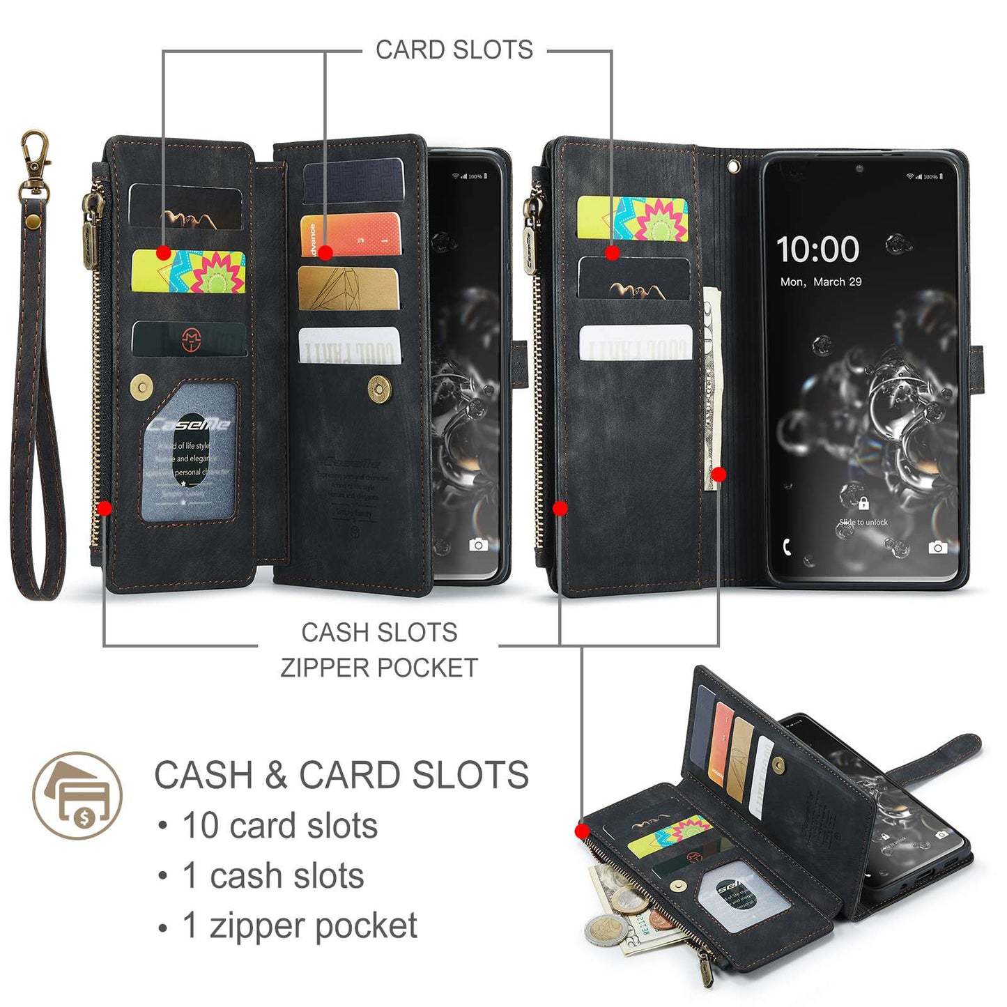 CASEME C30 Series Phone Wallet Case for Samsung Galaxy S20 Ultra 4G / 5G, Shockproof PU Leathe Zipper Pocket Mobile Phone Shell with Strap Card Holder