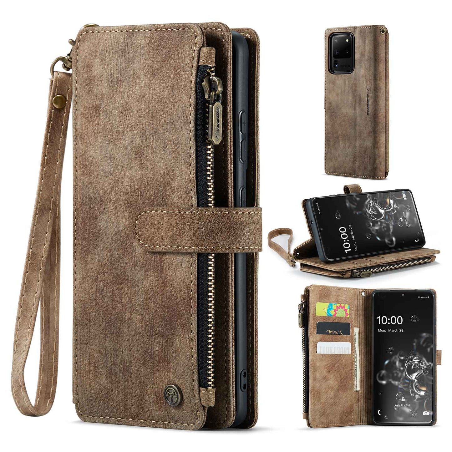 CASEME C30 Series Phone Wallet Case for Samsung Galaxy S20 Ultra 4G / 5G, Shockproof PU Leathe Zipper Pocket Mobile Phone Shell with Strap Card Holder