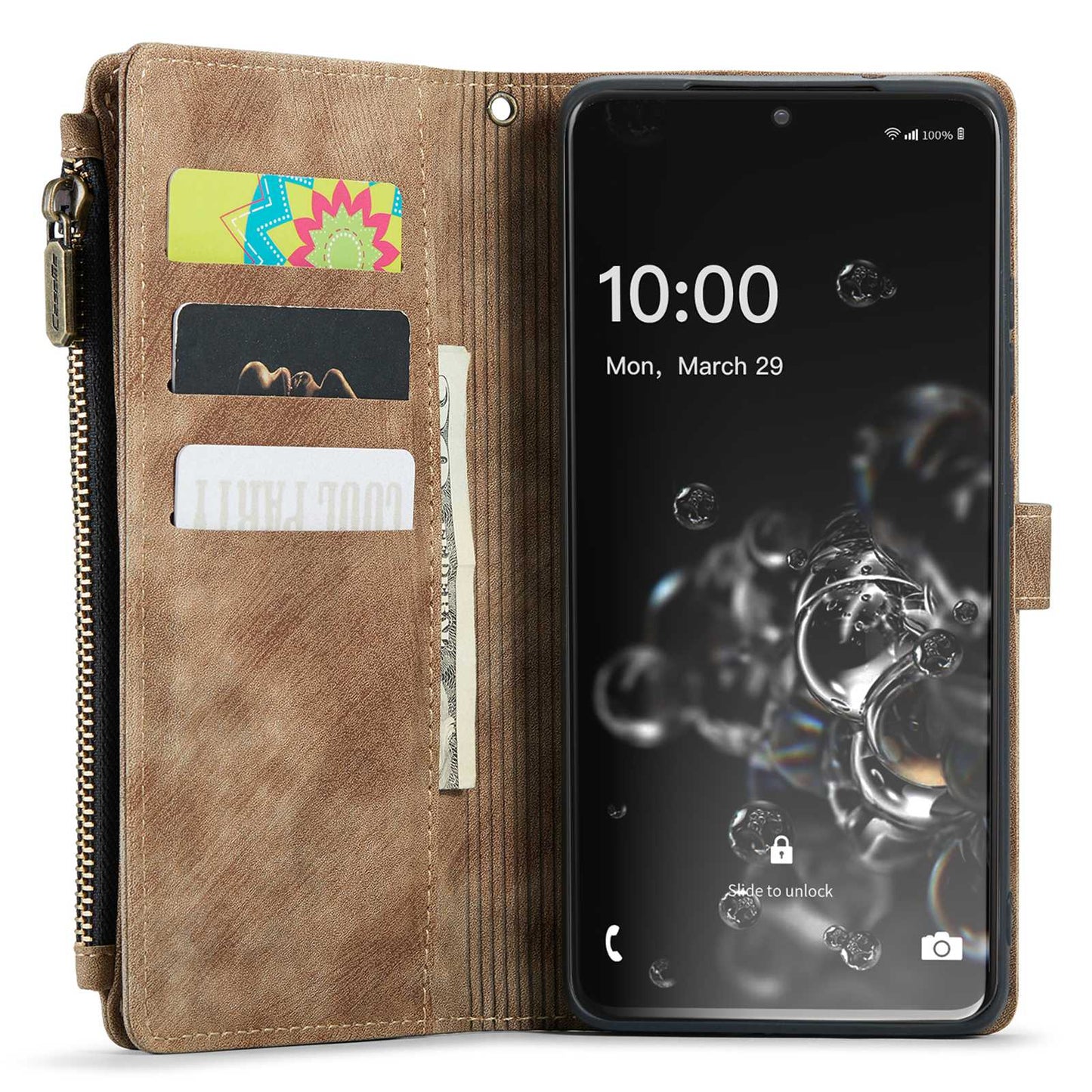 CASEME C30 Series Phone Wallet Case for Samsung Galaxy S20 Ultra 4G / 5G, Shockproof PU Leathe Zipper Pocket Mobile Phone Shell with Strap Card Holder
