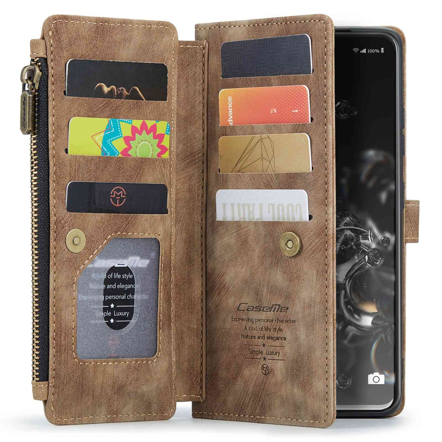 CASEME C30 Series Phone Wallet Case for Samsung Galaxy S20 Ultra 4G / 5G, Shockproof PU Leathe Zipper Pocket Mobile Phone Shell with Strap Card Holder