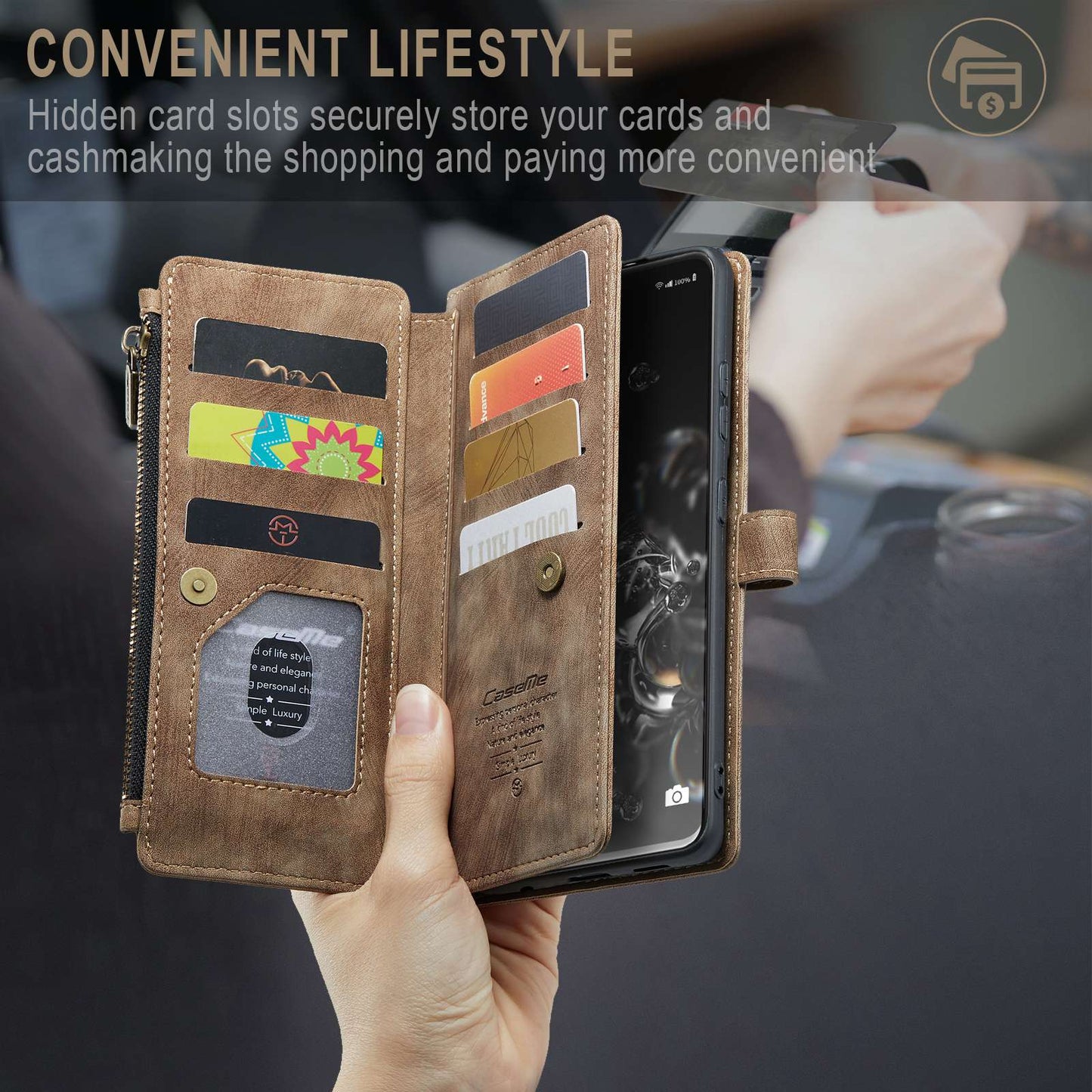 CASEME C30 Series Phone Wallet Case for Samsung Galaxy S20 Ultra 4G / 5G, Shockproof PU Leathe Zipper Pocket Mobile Phone Shell with Strap Card Holder