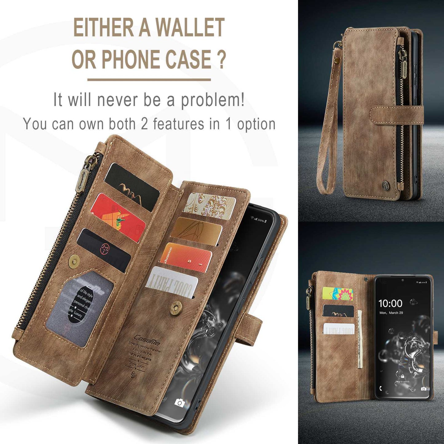 CASEME C30 Series Phone Wallet Case for Samsung Galaxy S20 Ultra 4G / 5G, Shockproof PU Leathe Zipper Pocket Mobile Phone Shell with Strap Card Holder