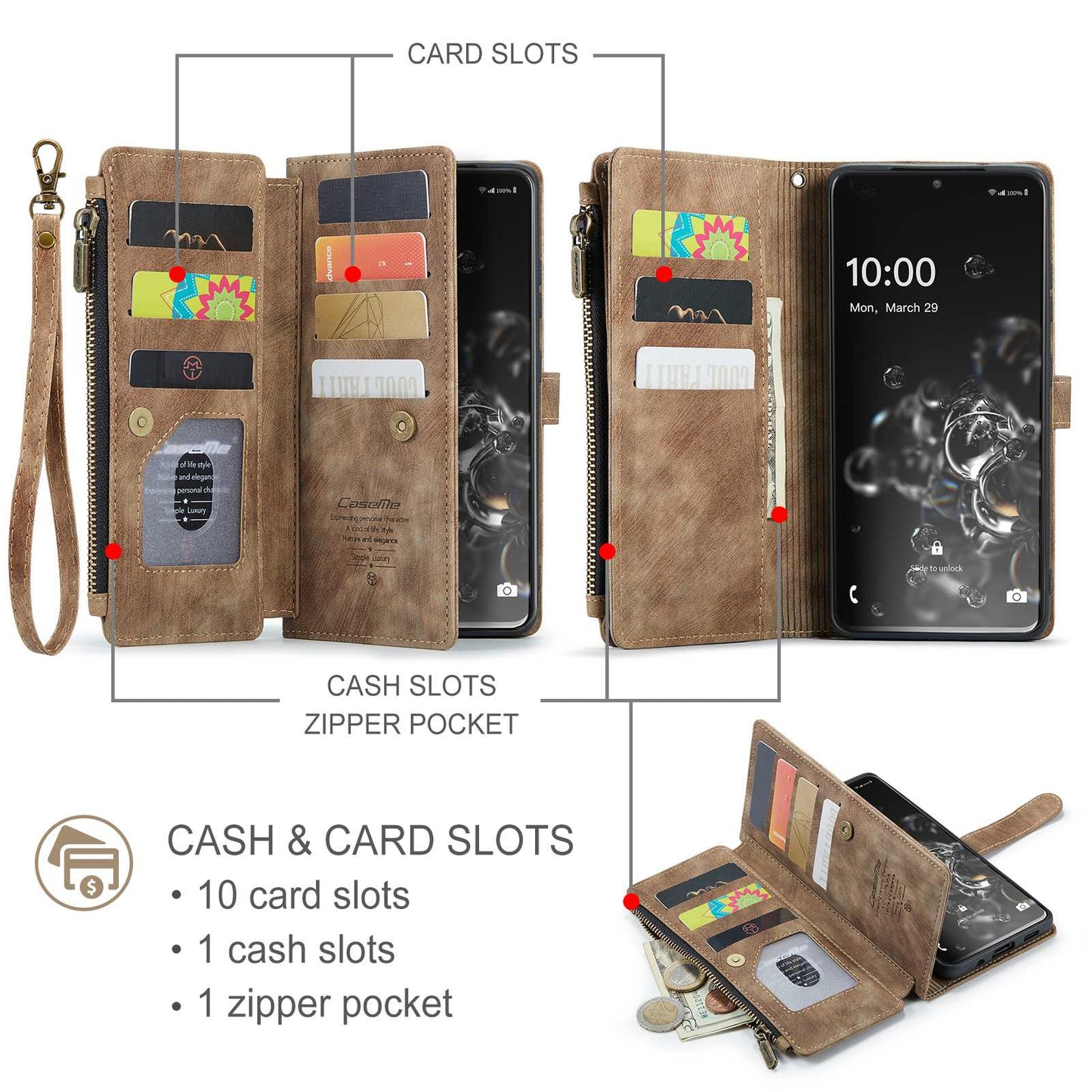 CASEME C30 Series Phone Wallet Case for Samsung Galaxy S20 Ultra 4G / 5G, Shockproof PU Leathe Zipper Pocket Mobile Phone Shell with Strap Card Holder