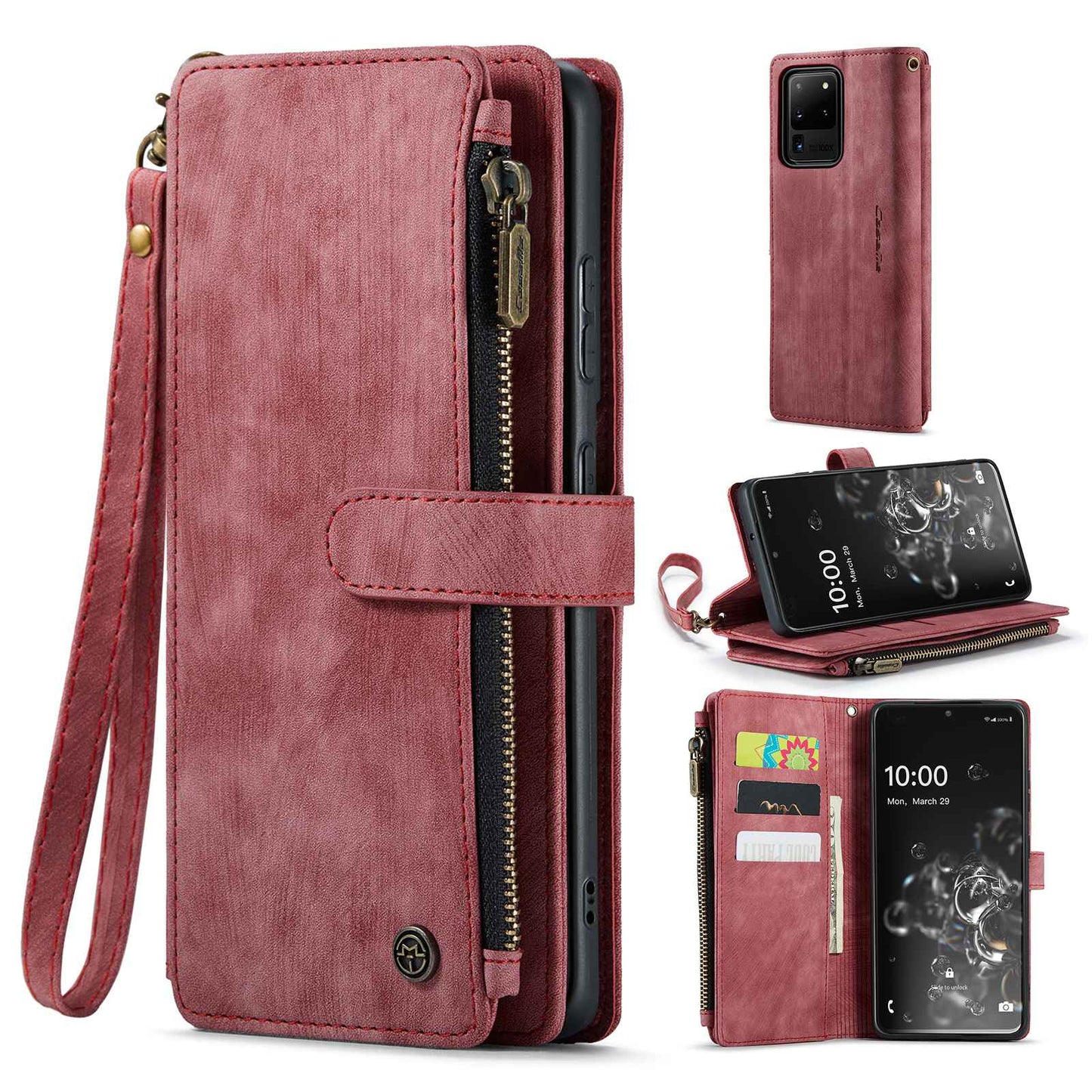 CASEME C30 Series Phone Wallet Case for Samsung Galaxy S20 Ultra 4G / 5G, Shockproof PU Leathe Zipper Pocket Mobile Phone Shell with Strap Card Holder