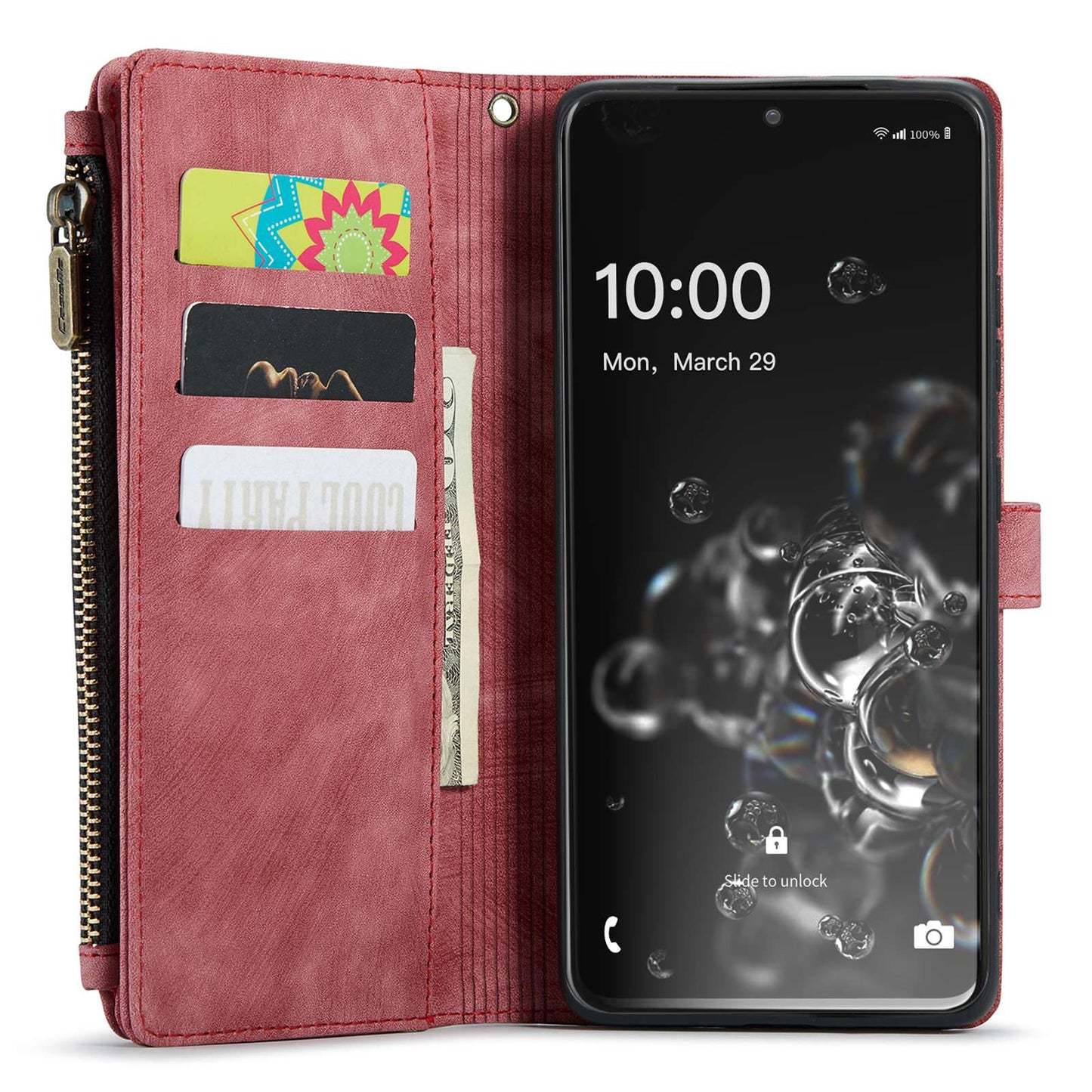 CASEME C30 Series Phone Wallet Case for Samsung Galaxy S20 Ultra 4G / 5G, Shockproof PU Leathe Zipper Pocket Mobile Phone Shell with Strap Card Holder