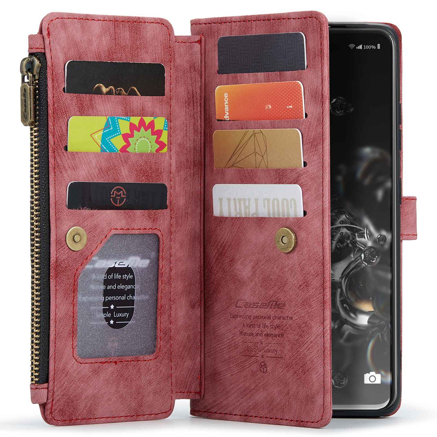 CASEME C30 Series Phone Wallet Case for Samsung Galaxy S20 Ultra 4G / 5G, Shockproof PU Leathe Zipper Pocket Mobile Phone Shell with Strap Card Holder