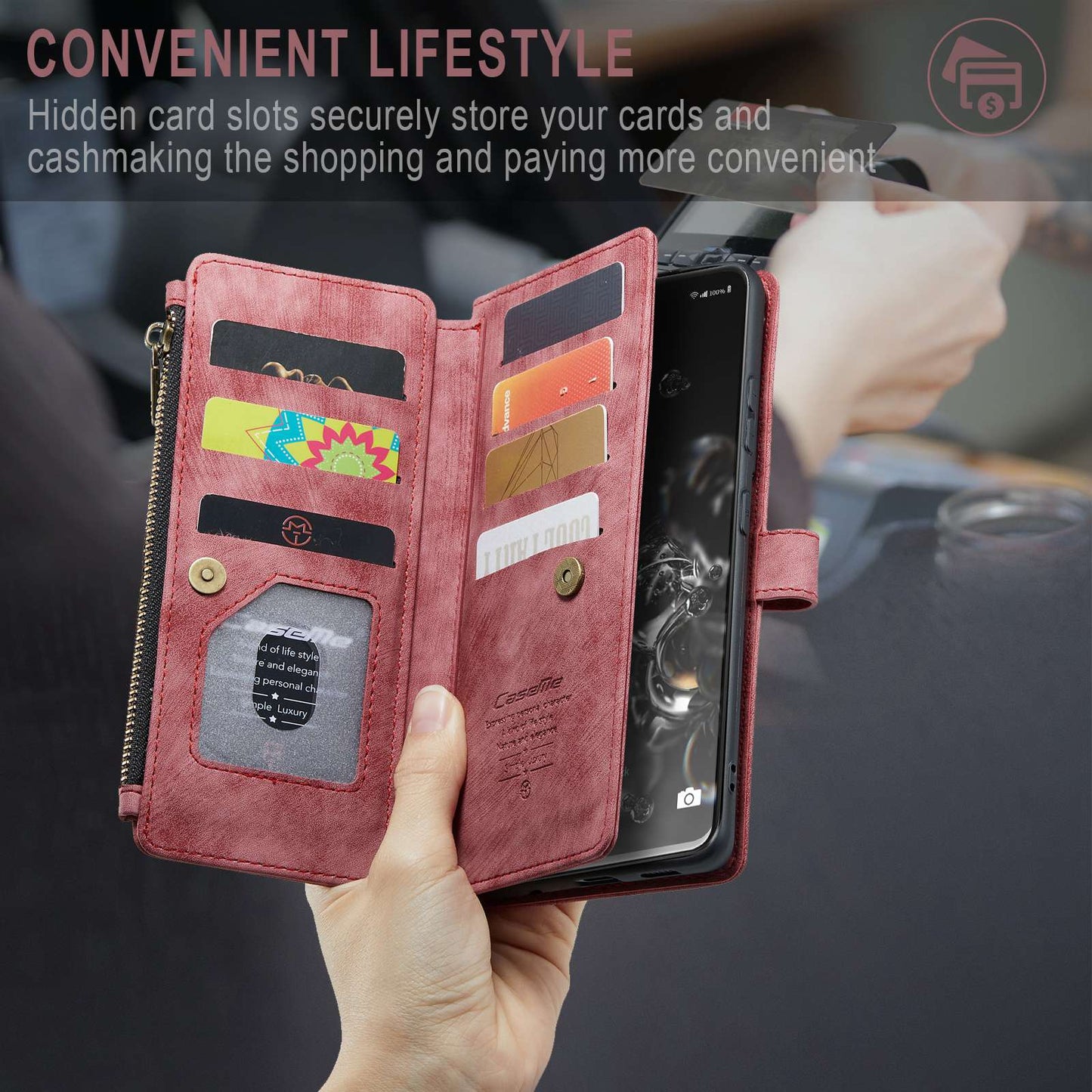 CASEME C30 Series Phone Wallet Case for Samsung Galaxy S20 Ultra 4G / 5G, Shockproof PU Leathe Zipper Pocket Mobile Phone Shell with Strap Card Holder