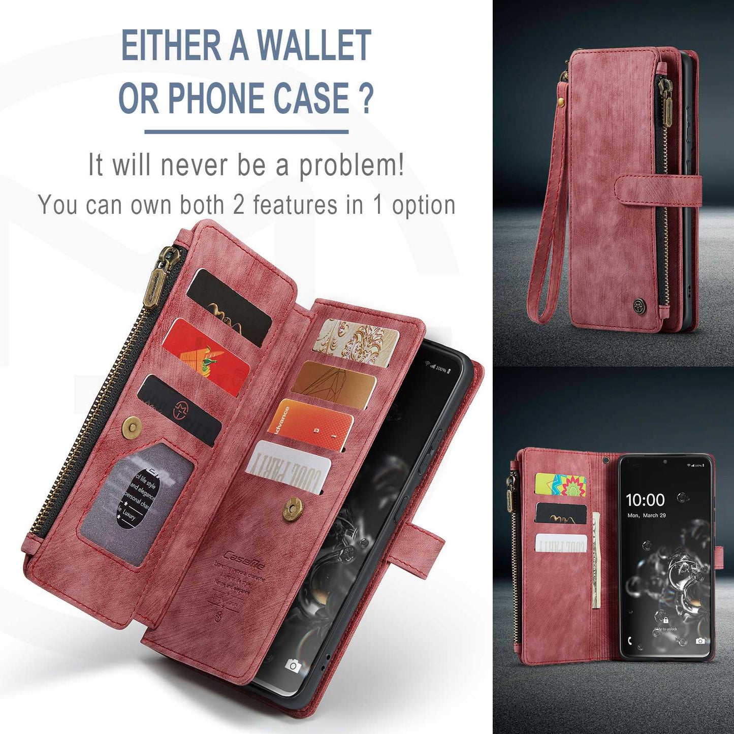 CASEME C30 Series Phone Wallet Case for Samsung Galaxy S20 Ultra 4G / 5G, Shockproof PU Leathe Zipper Pocket Mobile Phone Shell with Strap Card Holder
