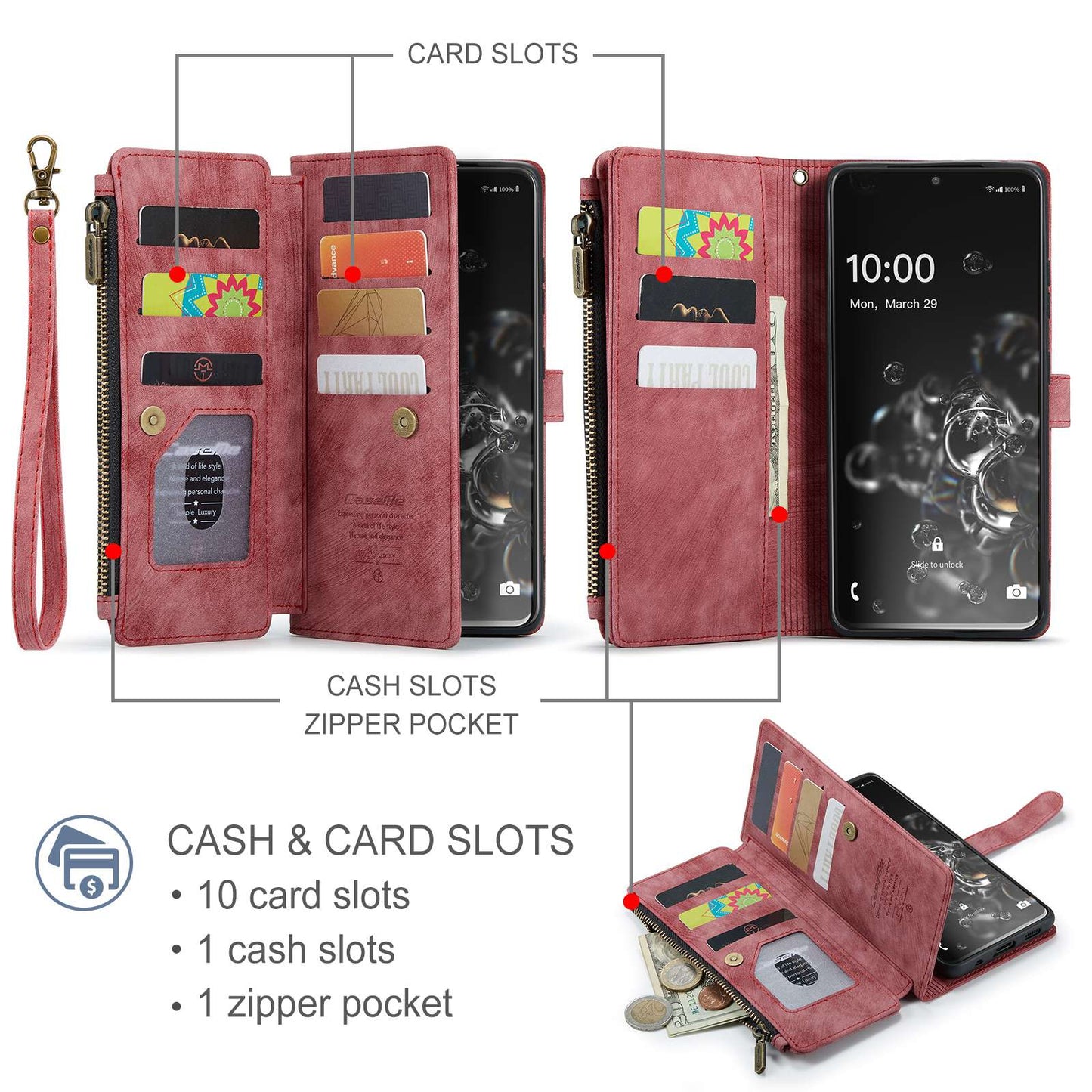 CASEME C30 Series Phone Wallet Case for Samsung Galaxy S20 Ultra 4G / 5G, Shockproof PU Leathe Zipper Pocket Mobile Phone Shell with Strap Card Holder