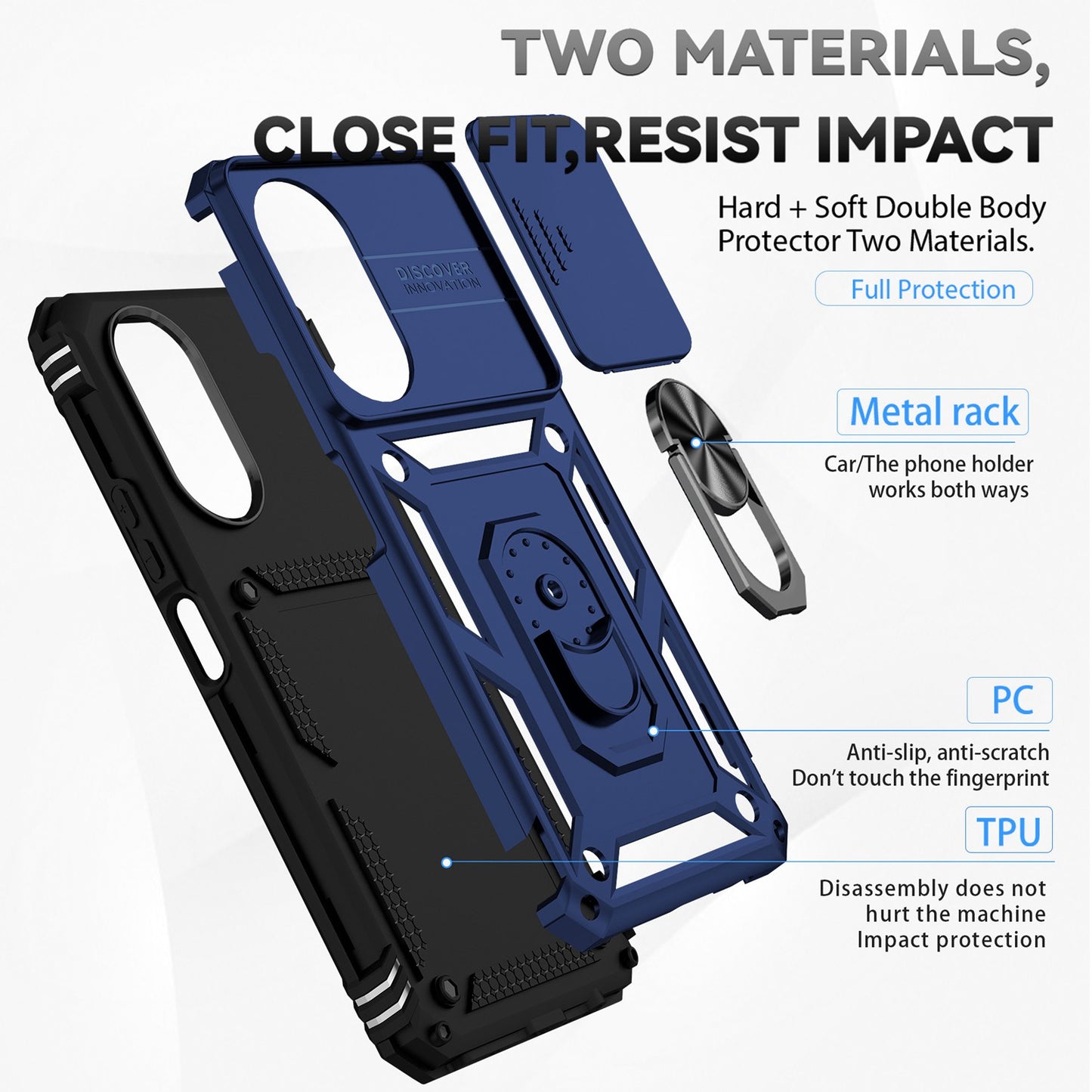For Honor X7 4G Hard PC + Soft TPU Phone Case with Metal Ring Kickstand and Slide Camera Protector