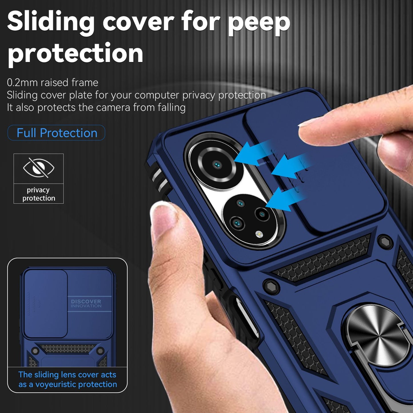 For Honor X7 4G Hard PC + Soft TPU Phone Case with Metal Ring Kickstand and Slide Camera Protector