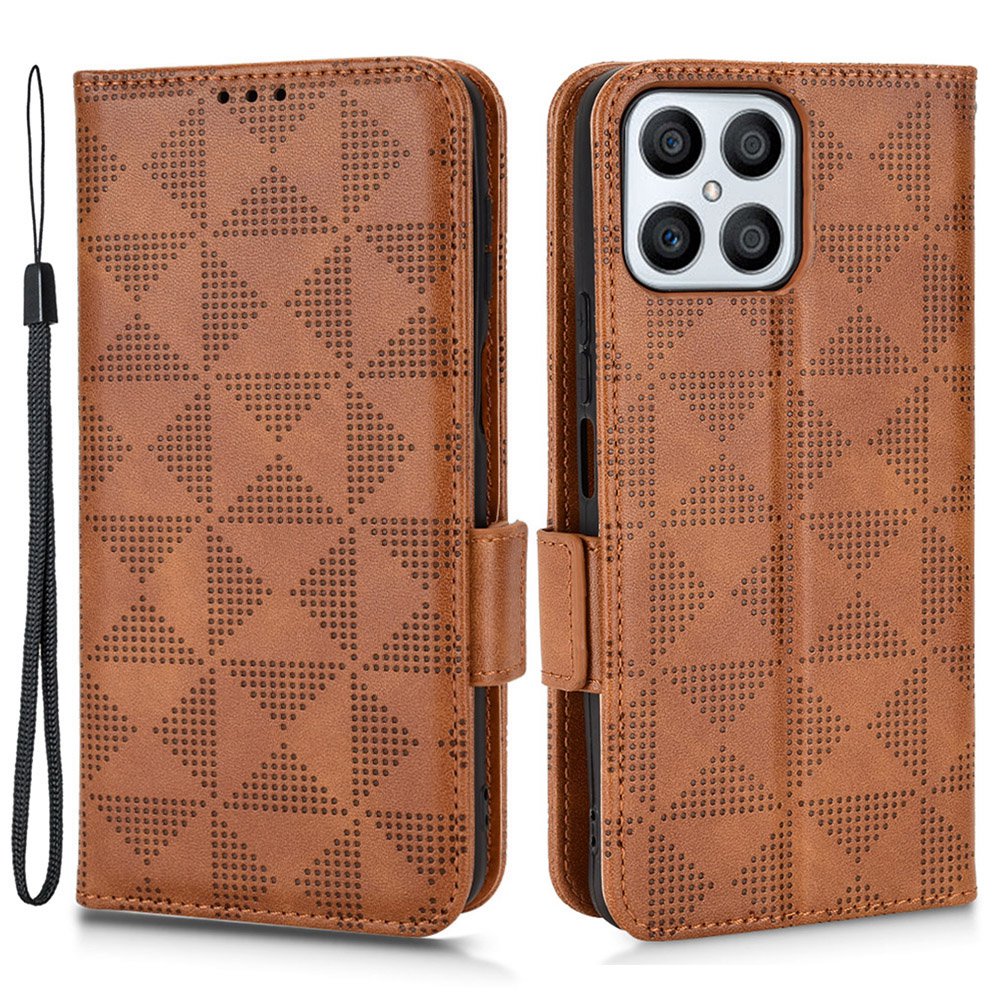 For Honor X8 5G Triangle Pattern Imprinted Flip Stand Wallet Leather Phone Case Shockproof Cover with Strap