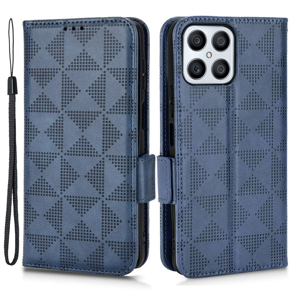 For Honor X8 5G Triangle Pattern Imprinted Flip Stand Wallet Leather Phone Case Shockproof Cover with Strap