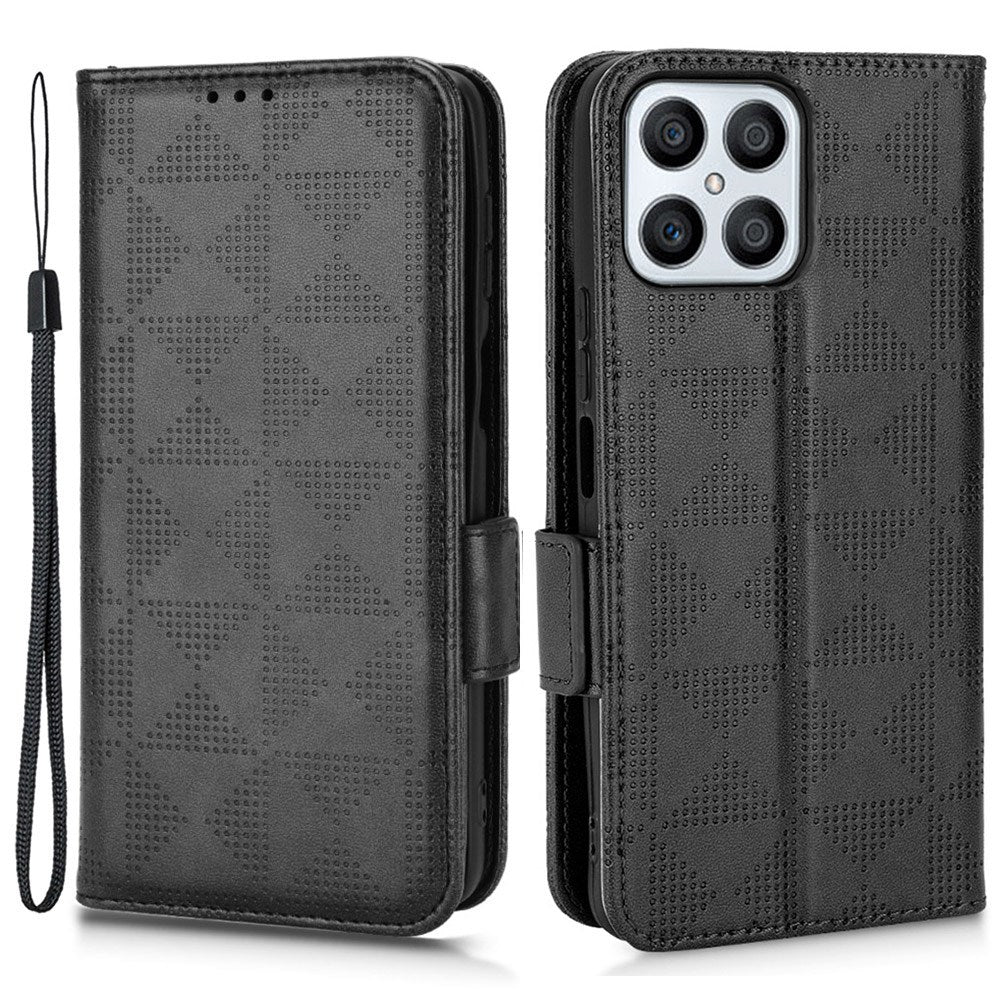For Honor X8 5G Triangle Pattern Imprinted Flip Stand Wallet Leather Phone Case Shockproof Cover with Strap