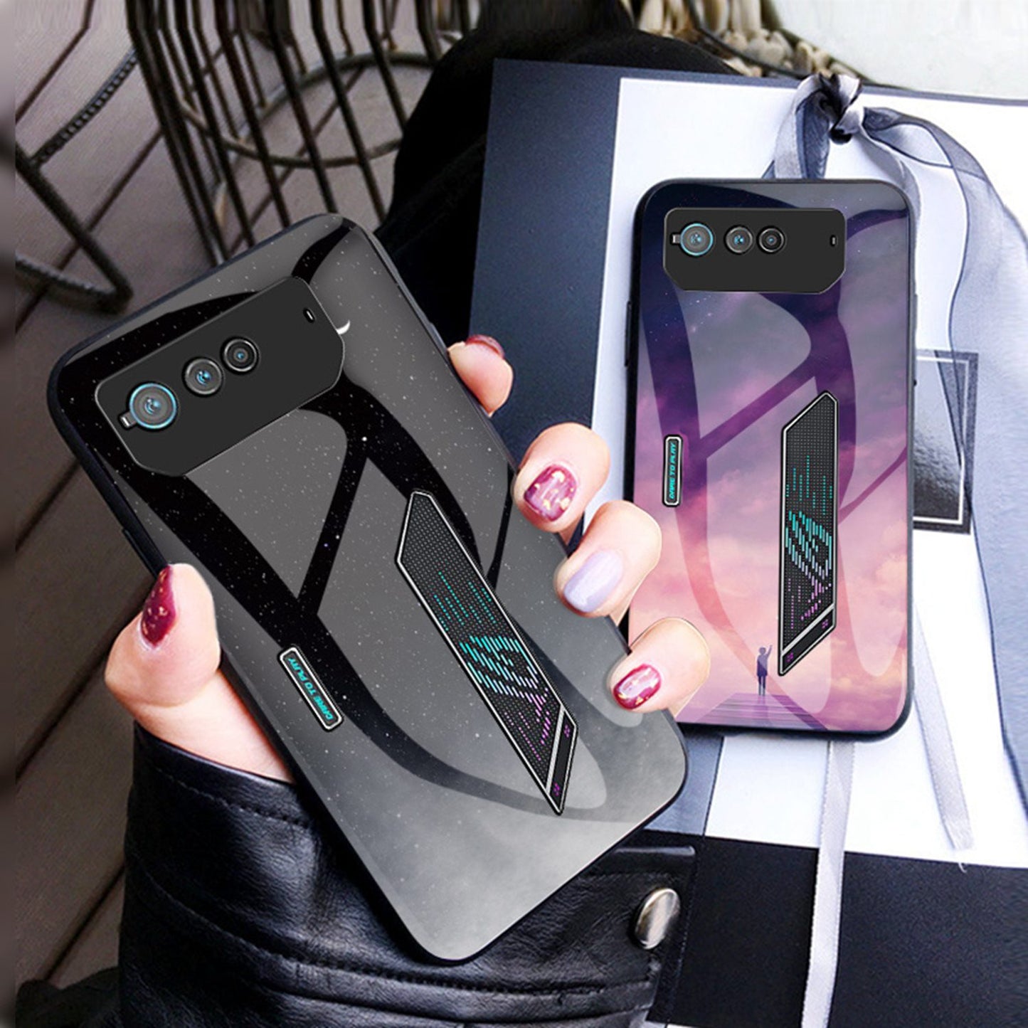 For Asus ROG Phone 6 5G Airbag Anti-fall Starry Sky Pattern Design Back Cover PC TPU Tempered Glass Anti-scratch Case