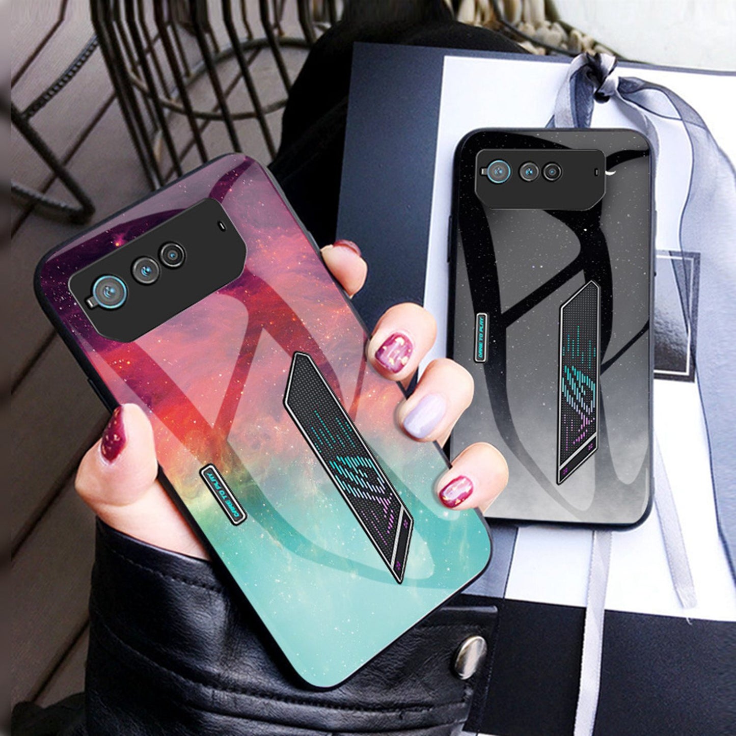 For Asus ROG Phone 6 5G Airbag Anti-fall Starry Sky Pattern Design Back Cover PC TPU Tempered Glass Anti-scratch Case
