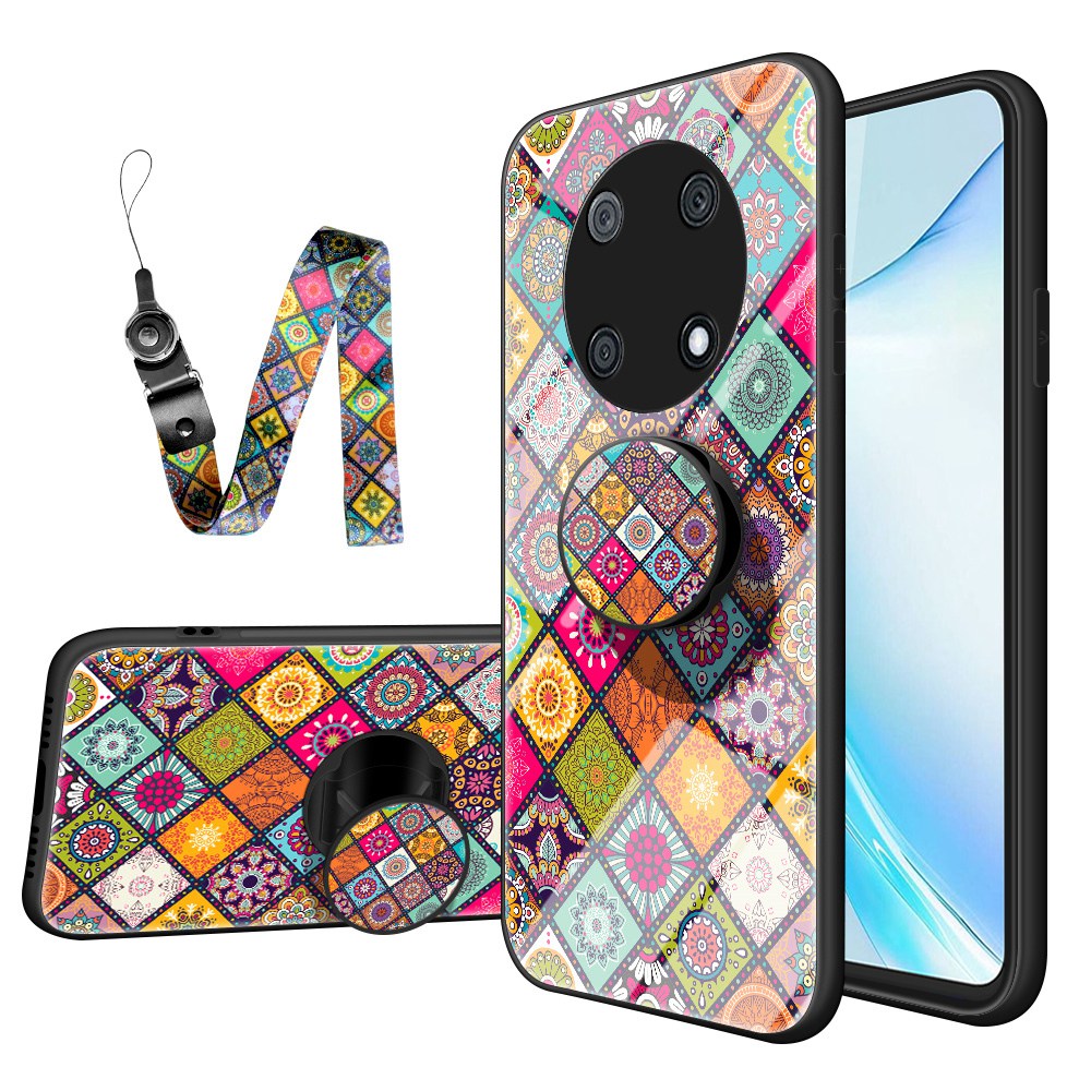 For Huawei Enjoy 50 Pro 4G / nova Y90 4G Flower Pattern Tempered Glass + PC + TPU Shockproof Phone Case with Kickstand and Lanyard