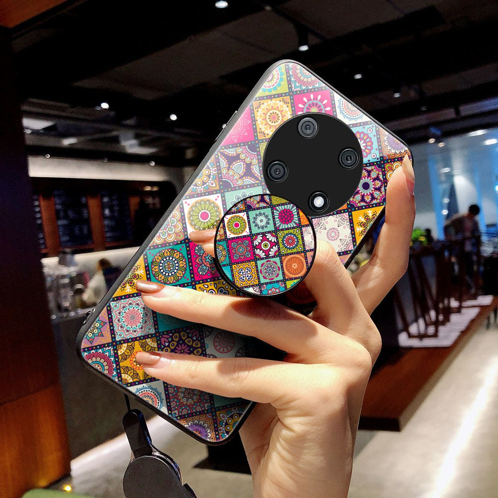 For Huawei Enjoy 50 Pro 4G / nova Y90 4G Flower Pattern Tempered Glass + PC + TPU Shockproof Phone Case with Kickstand and Lanyard