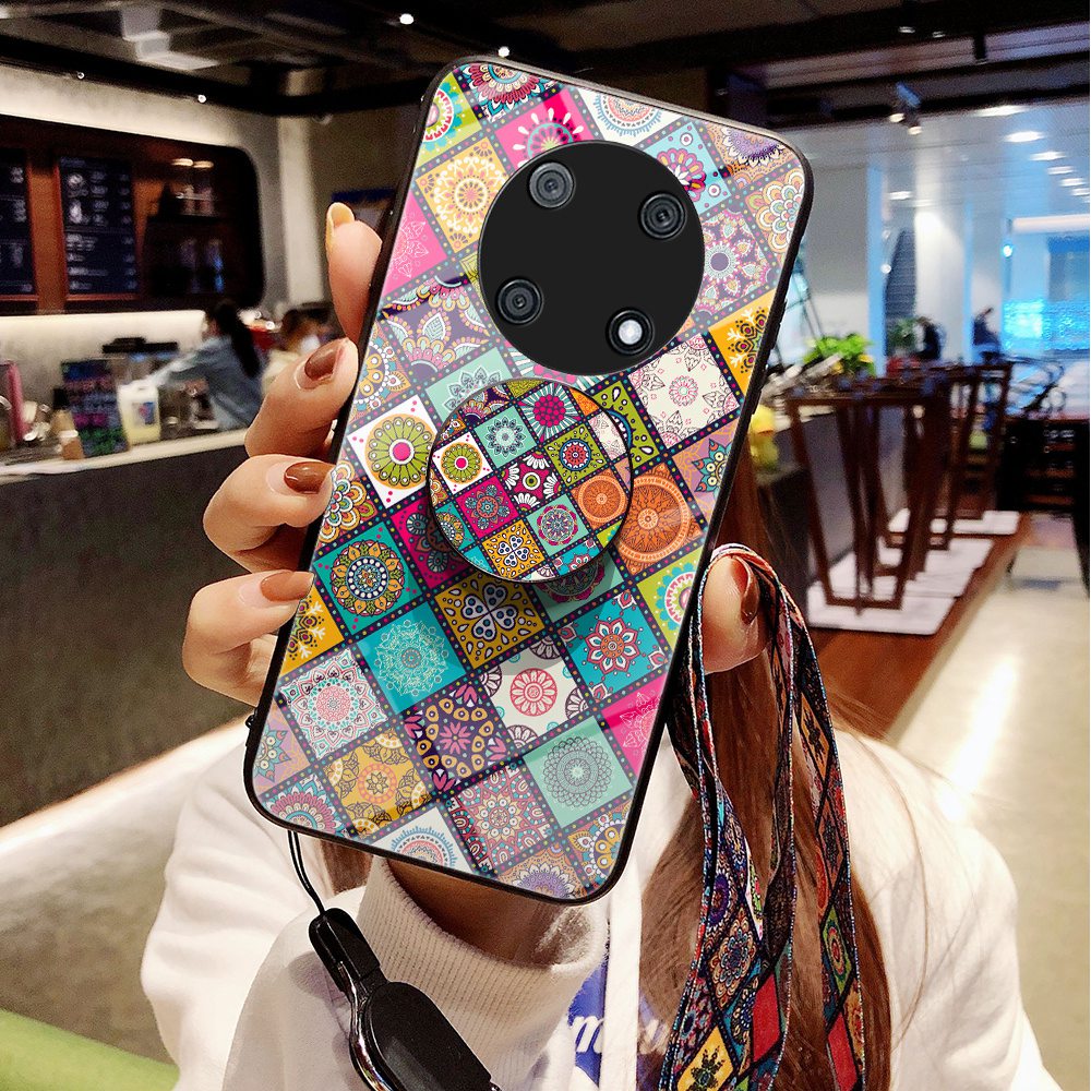 For Huawei Enjoy 50 Pro 4G / nova Y90 4G Flower Pattern Tempered Glass + PC + TPU Shockproof Phone Case with Kickstand and Lanyard