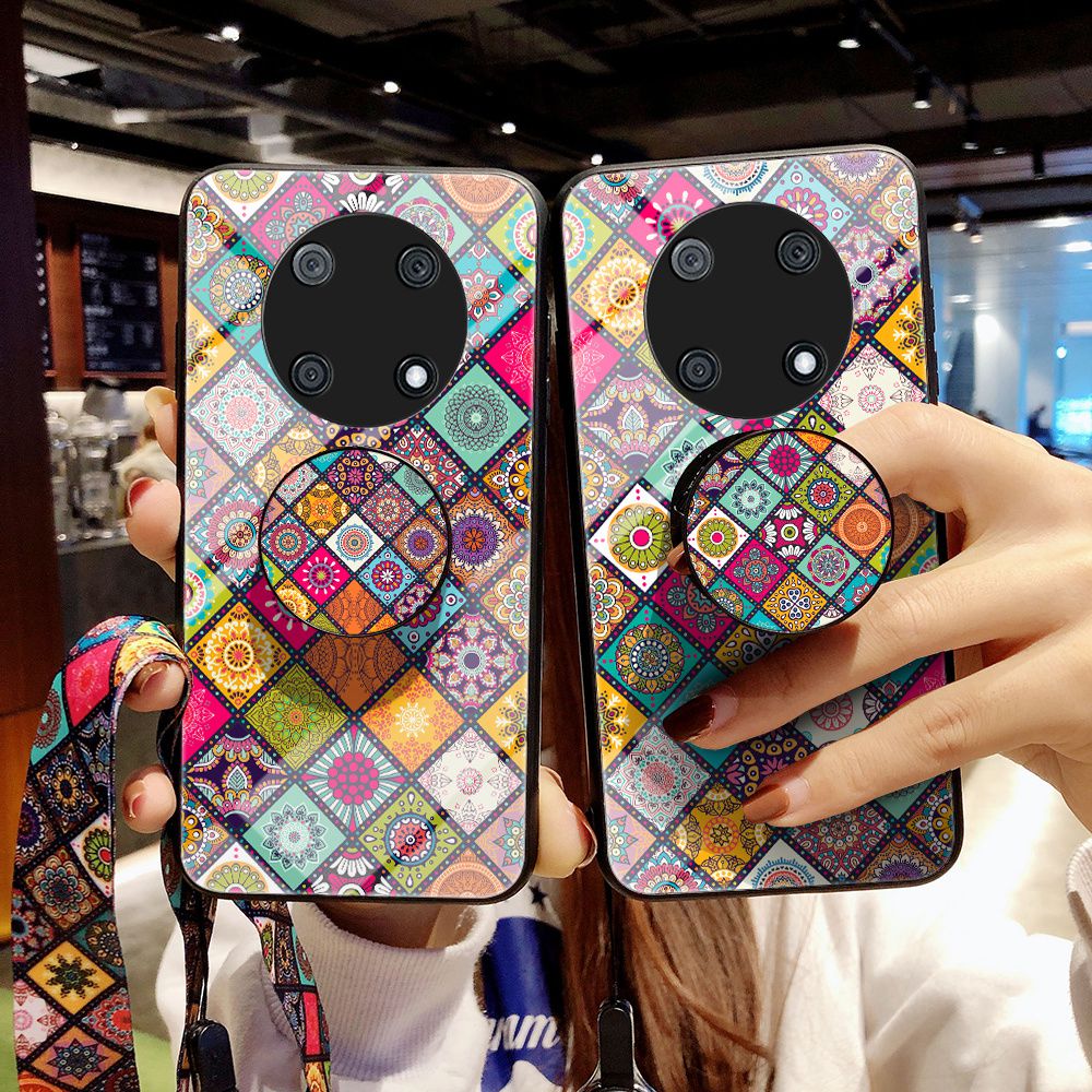 For Huawei Enjoy 50 Pro 4G / nova Y90 4G Flower Pattern Tempered Glass + PC + TPU Shockproof Phone Case with Kickstand and Lanyard