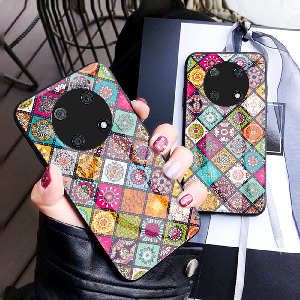 For Huawei Enjoy 50 Pro 4G / nova Y90 4G Flower Pattern Tempered Glass + PC + TPU Shockproof Phone Case with Kickstand and Lanyard