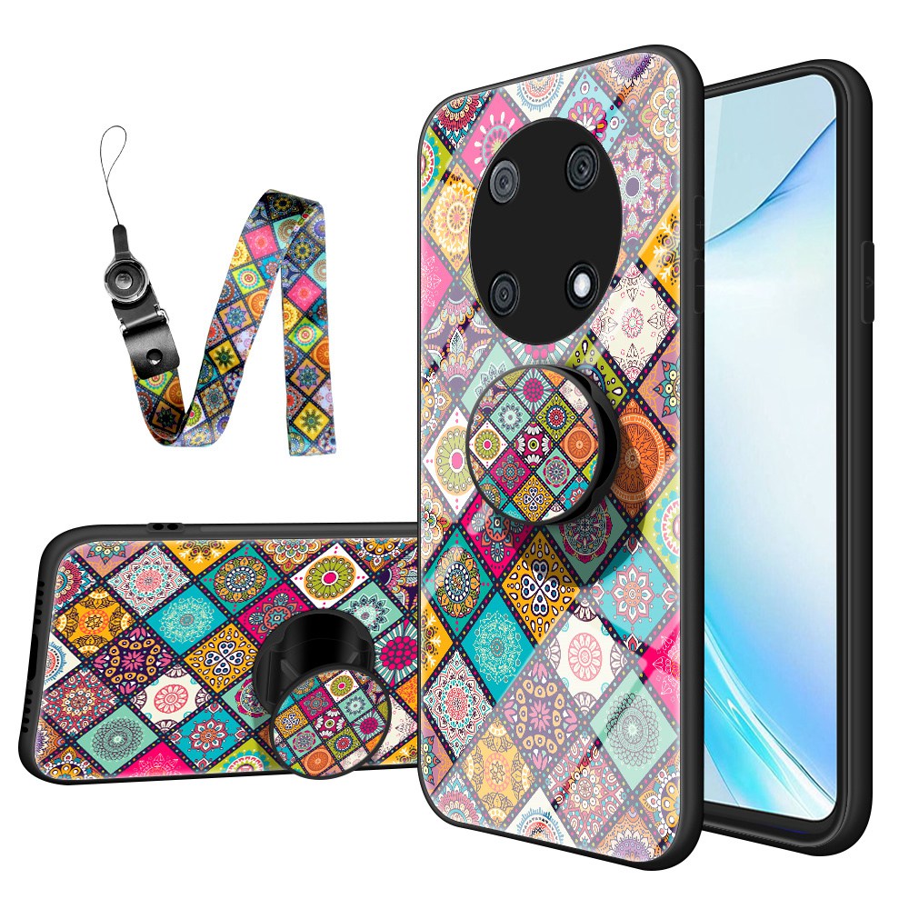 For Huawei Enjoy 50 Pro 4G / nova Y90 4G Flower Pattern Tempered Glass + PC + TPU Shockproof Phone Case with Kickstand and Lanyard