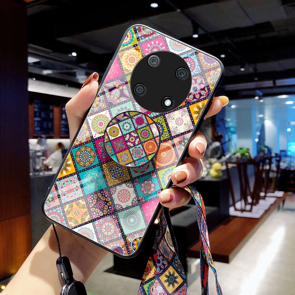 For Huawei Enjoy 50 Pro 4G / nova Y90 4G Flower Pattern Tempered Glass + PC + TPU Shockproof Phone Case with Kickstand and Lanyard